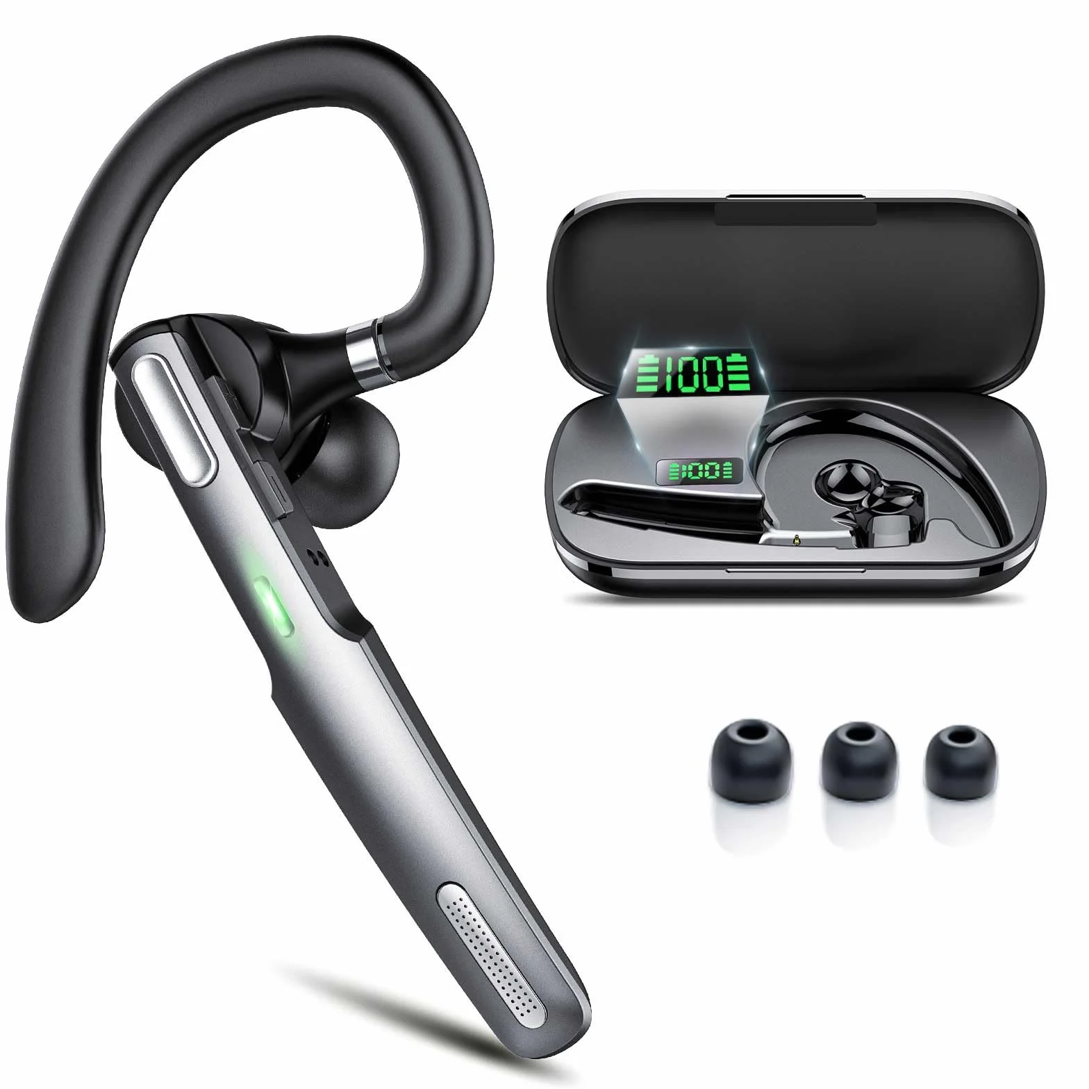Oreillette Bluetooth sans Fill V5.3, Main Libre Bluetooth Oreillette, Casques Bluetooth Mono écouteur avec 2 ENC Réduction Bruit Mic, 100H Appel avec Écran LED, IP7 Étanche pour iOS Android
