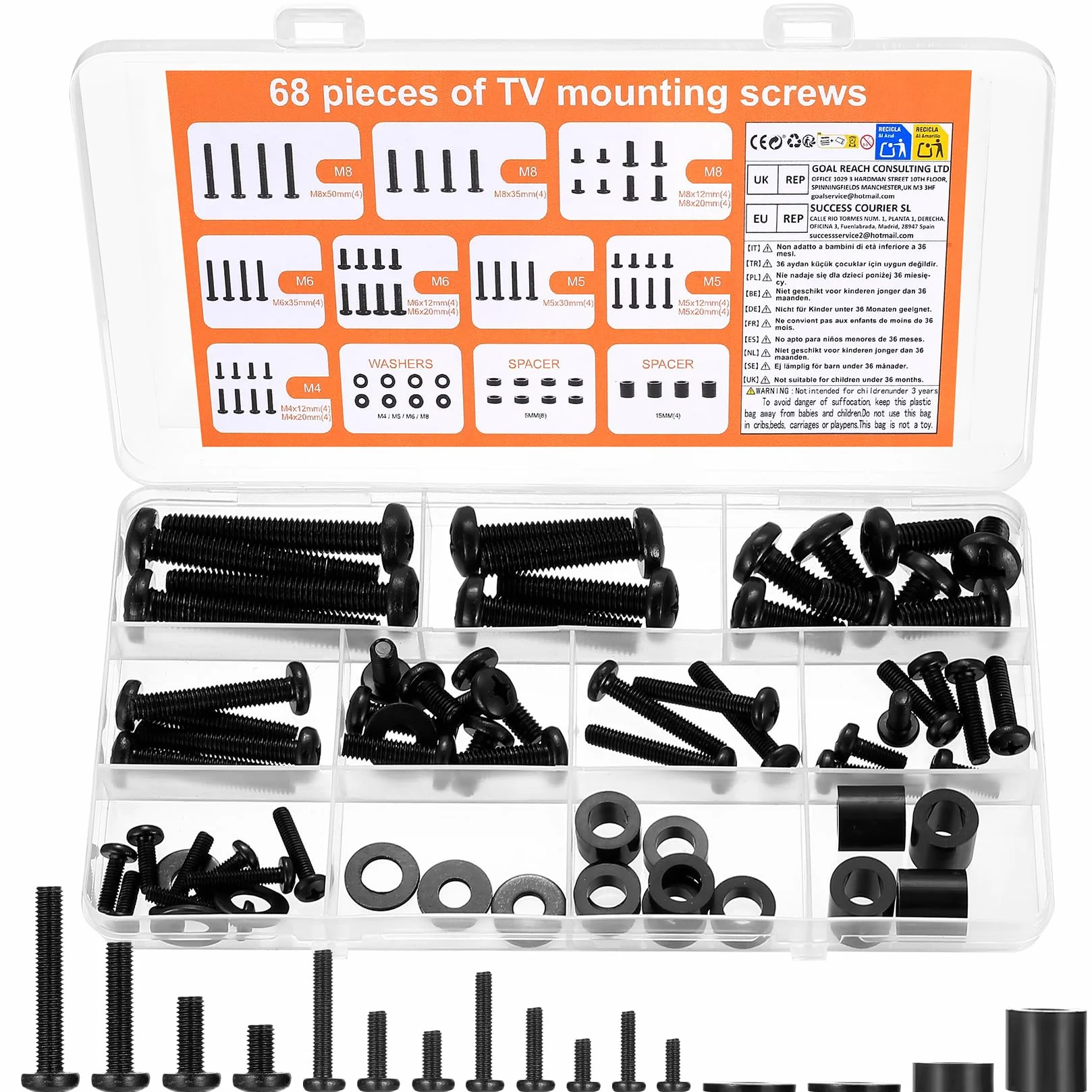 Ensemble de vis VESA BOJIUKEJI, M4 M5 M6 M8, 68 pièces, Noir, pour montage mural TV et support moniteur jusqu'à 80 pouces, avec entretoise