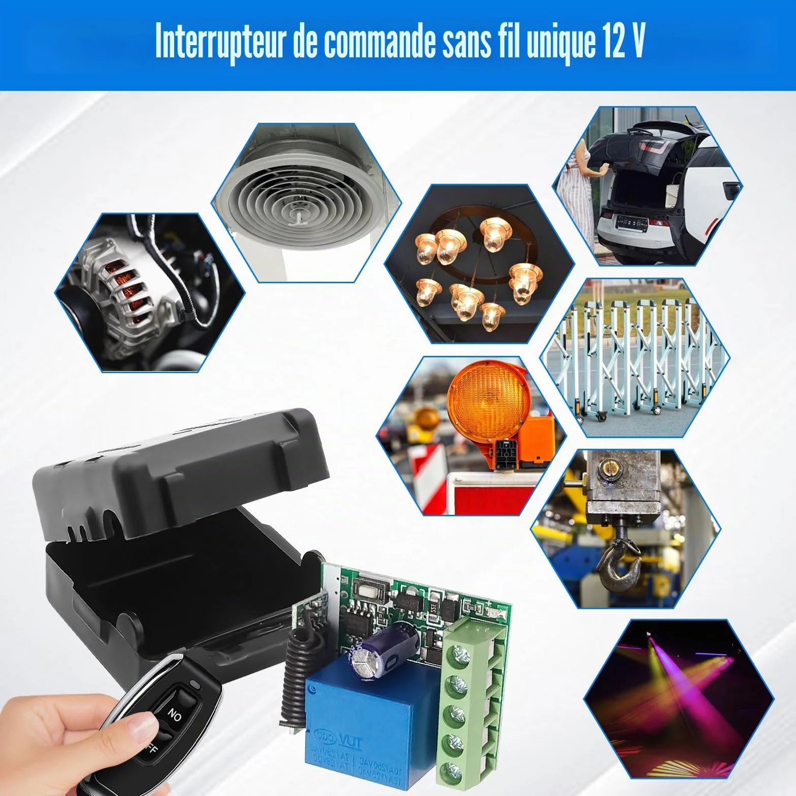 Télécommande sans fil 433 MHz DC 12 V 1CH RF Relais récepteur Module avec émetteur longue distance pour porte de garage (2 récepteurs + 5 télécommandes)