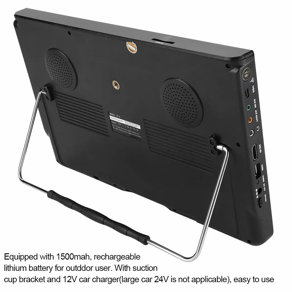 TV Portable 12 Pouces, Télévision Numérique T/T2 1080P 16: 9 avec 2 Haut-Parleurs pour Chambre à Coucher,Cuisine,Caravane,Voiture-Support Antenne/VGA/AV/Casque/HDMI/USB,Carte SD/MMC