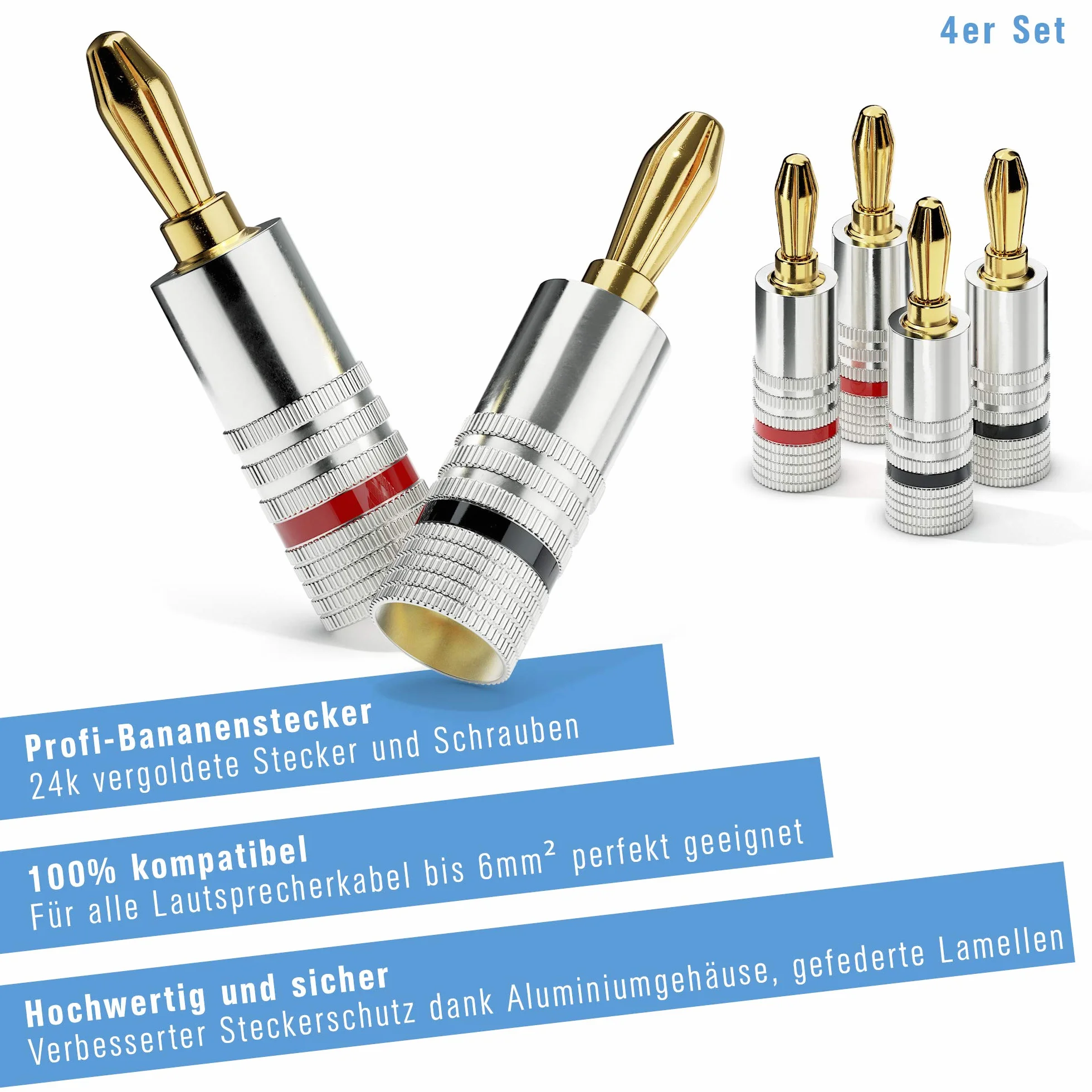 sonero® lot de 4 fiches bananes, pour tous les câbles d'enceintes d'un diamètre maximum de 6 mm², 4 pièces avec codage couleur (12x rouge, 12x noir), plaqué or 24 carats