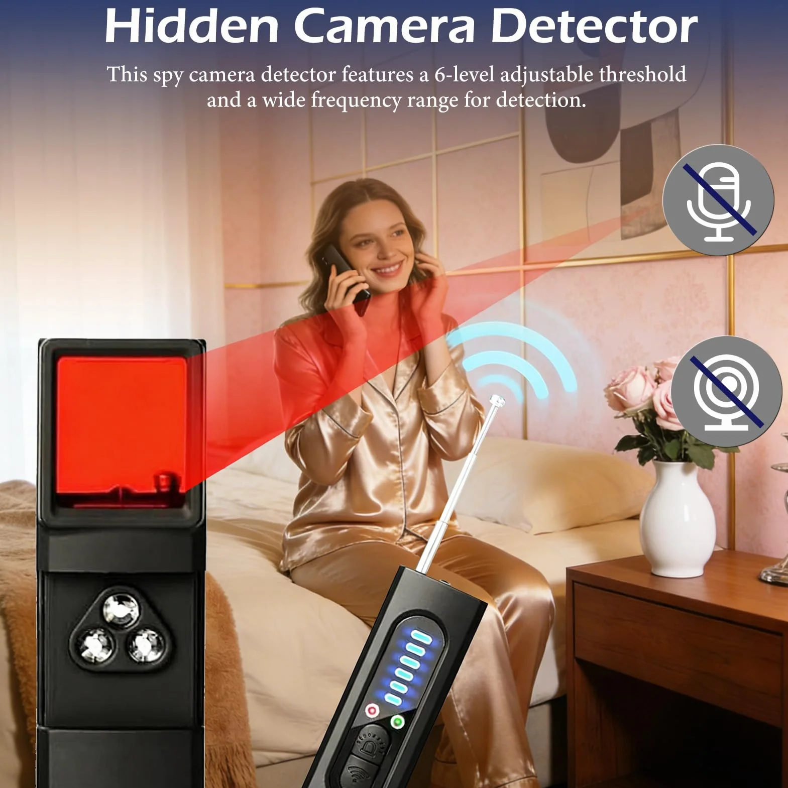 Détecteur de Caméra Cachée 4-en-1 avec Détection de Micro Espion & Traceur GPS Balayage Optique LED IR 5 Niveaux de Sensibilité Alarme Sécurité Anti-Espionnage pour Maison Bureau Hôtel Voyage