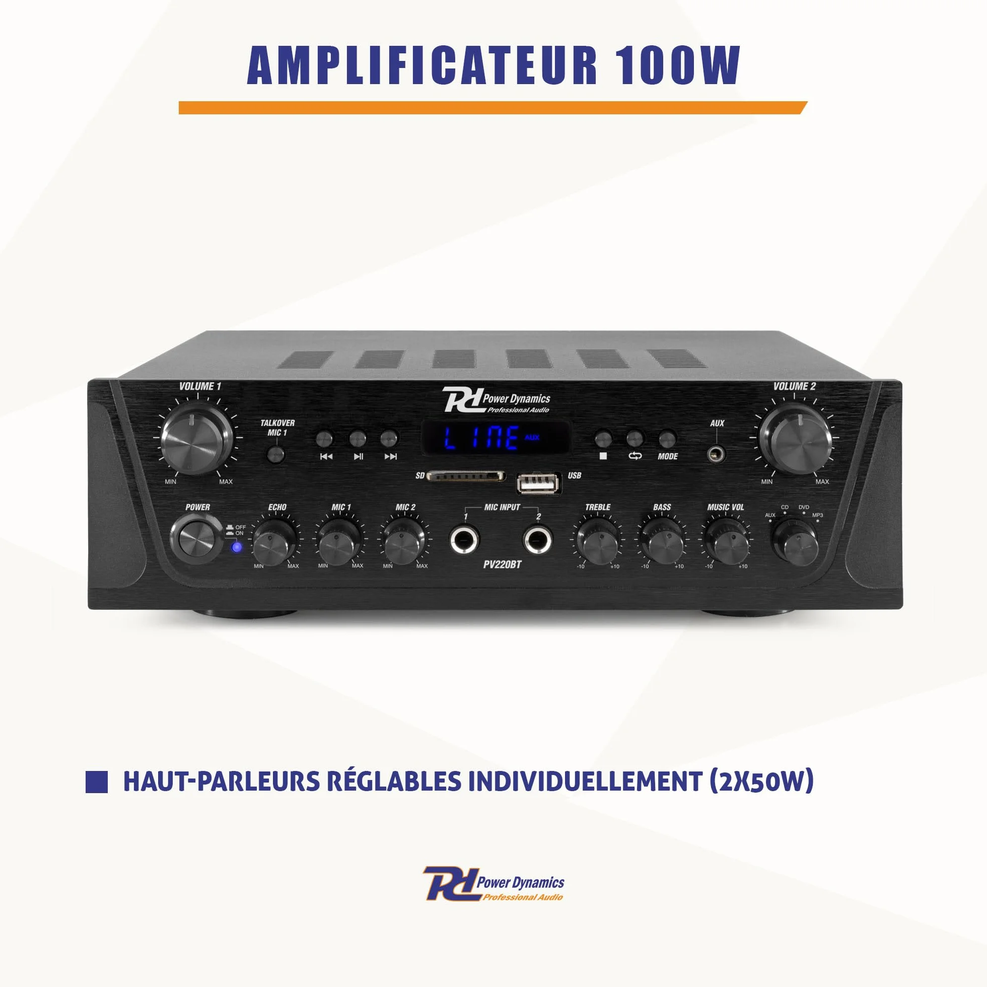 Power Dynamics PV220BT Amplificateur Audio Bluetooth 2x100W 2 Zones Lecteur MP3 USB/SD Radio FM Entrées RCA AUX Télécommande
