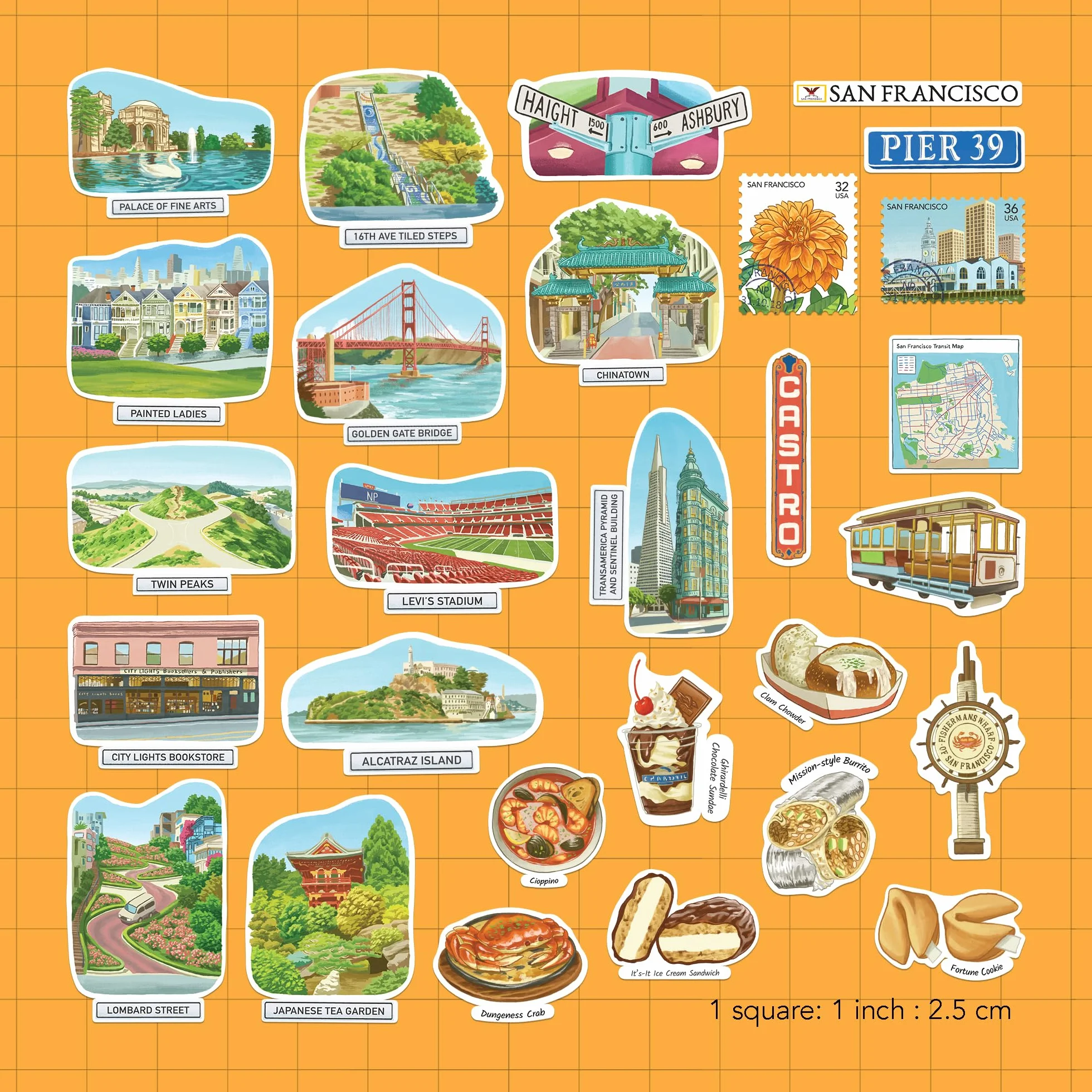 Navy Peony stickers grand format San Francisco — Illustrés à la main, gouache, finition brillante, imperméables (28 pièces)