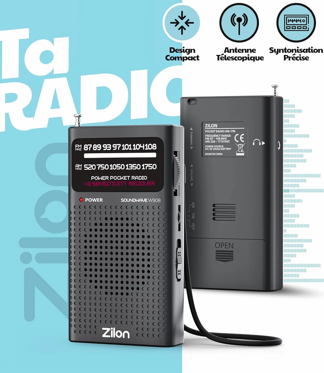Radio à Piles Portable Petite Analogique Transistor FM Entrée pour Écouteurs Kit d’Urgence Excellente Réception Petit Poche Utilisation Simple Personnes Âgées Chiffres AA (Noire)