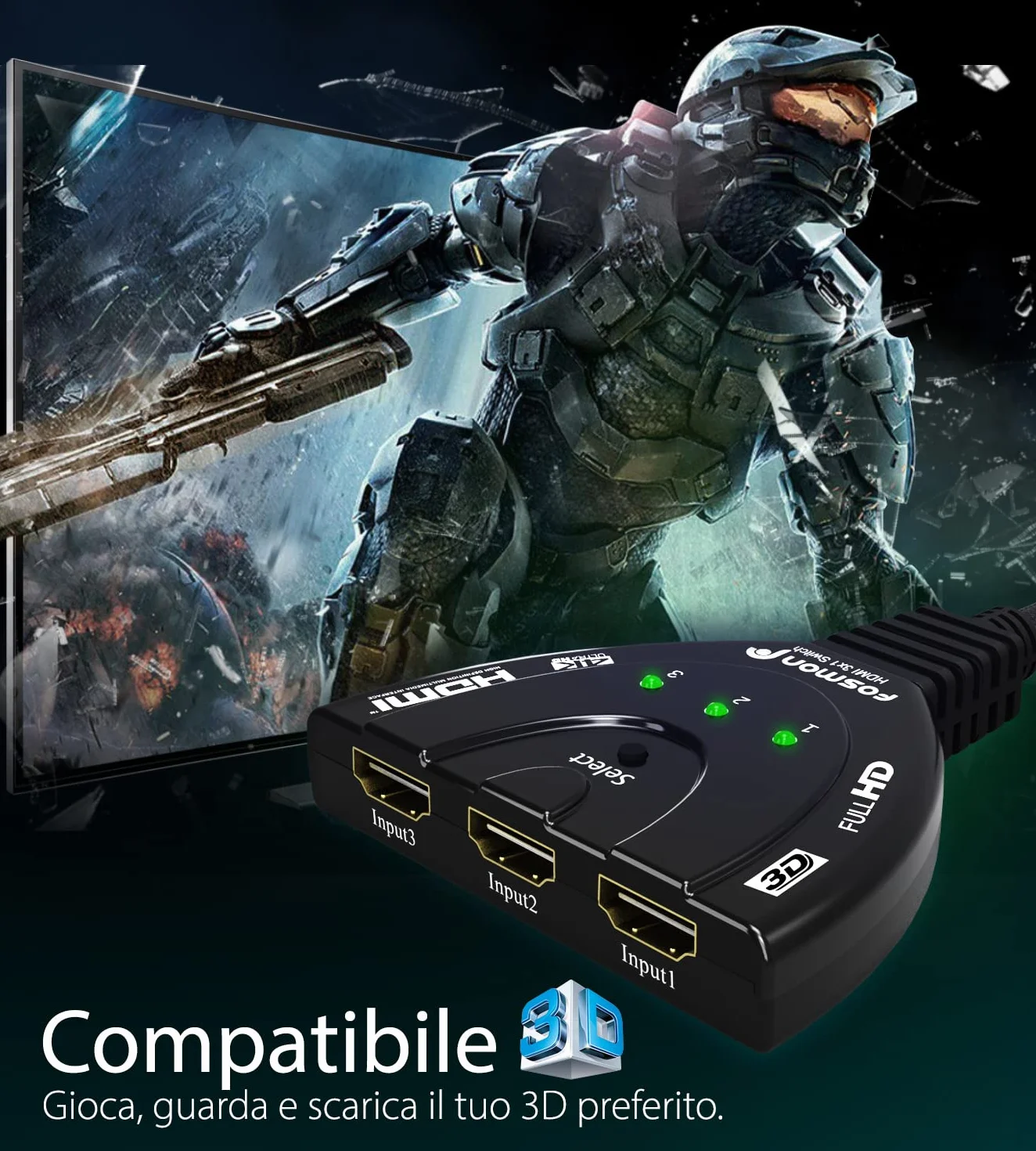 Fosmon Commutateur HDMI Automatiques 4k, 3 Entrées 1 Sortie HDMI Switch - UHD HDR 3D 1080p HDCP, Splitter Switcher Répartiteur Sélecteur Auto pour HDTV Lecteurs DVD Blu ray PS4 Xbox Apple Fire Roku