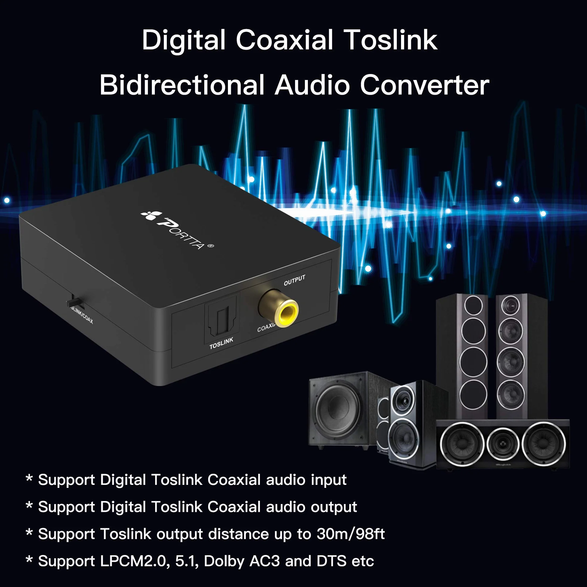 Portta Audio Convertisseur Numérique SPDIF Optique Coaxial Toslink vers Numérique SPDIF Optique Coaxial Toslink Adaptateur Bidirectiontionnel 2 Port 2 x Entrées à 1 x Sortie pour