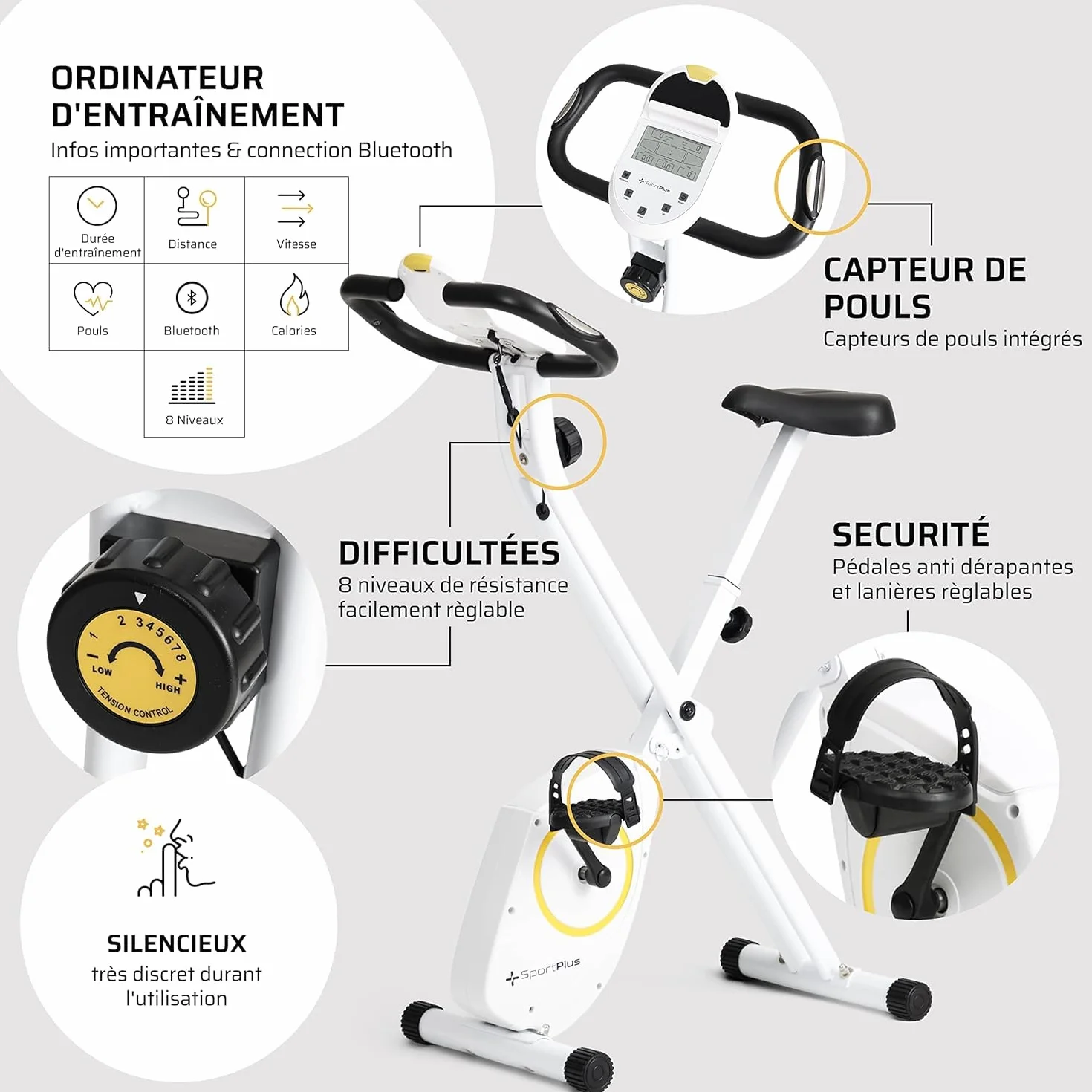 SportPlus Vélo d'appartement pliable silencieux pour la maison compatible avec l'application Fitnessbike