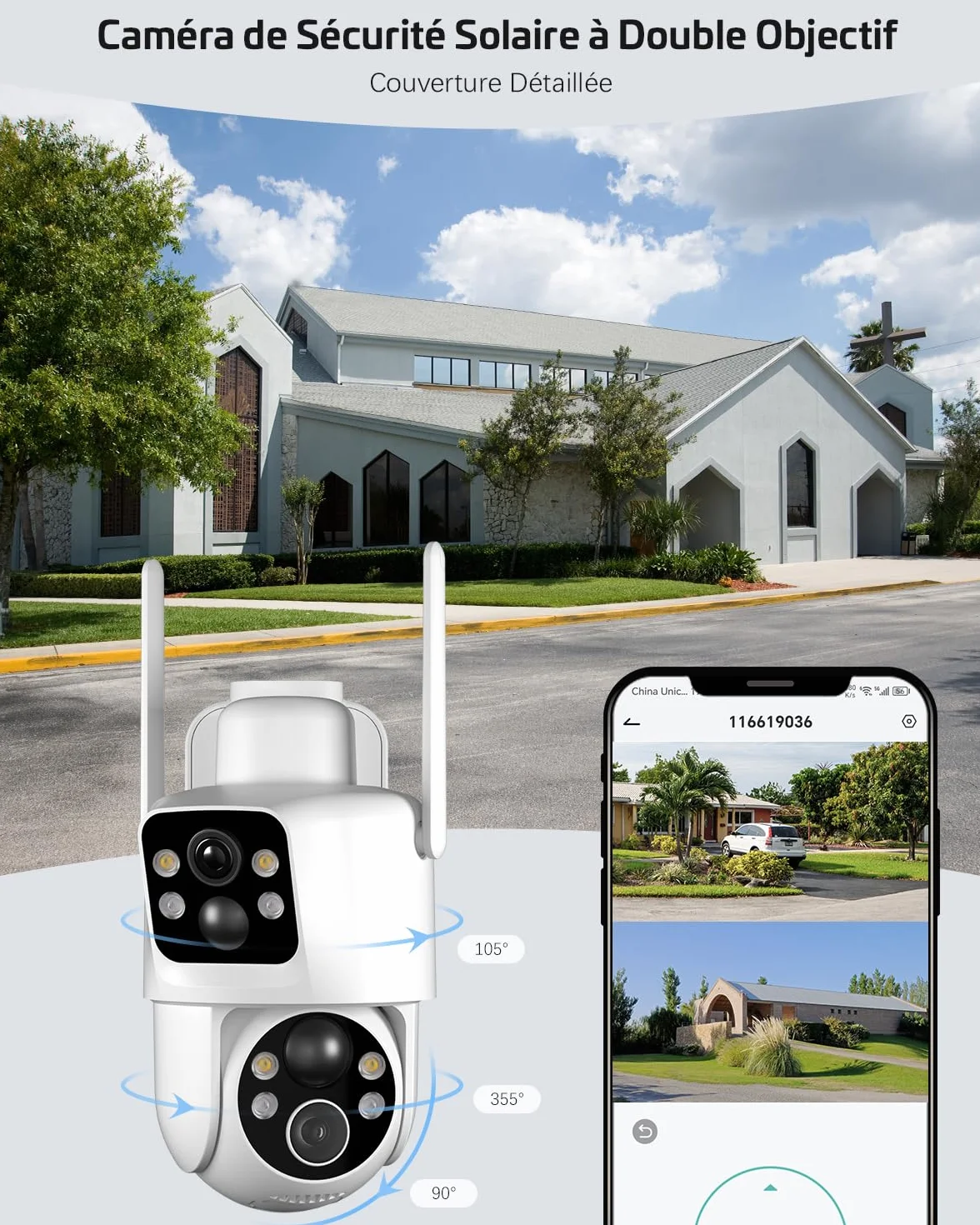 COCOCAM 2K Camera Surveillance WiFi Exterieure sans Fil, Double Objectif Double PIR, Batterie 10000mAh, 6W Panneau Solaire, 355°P 90°T, Vision Nocturne Couleur