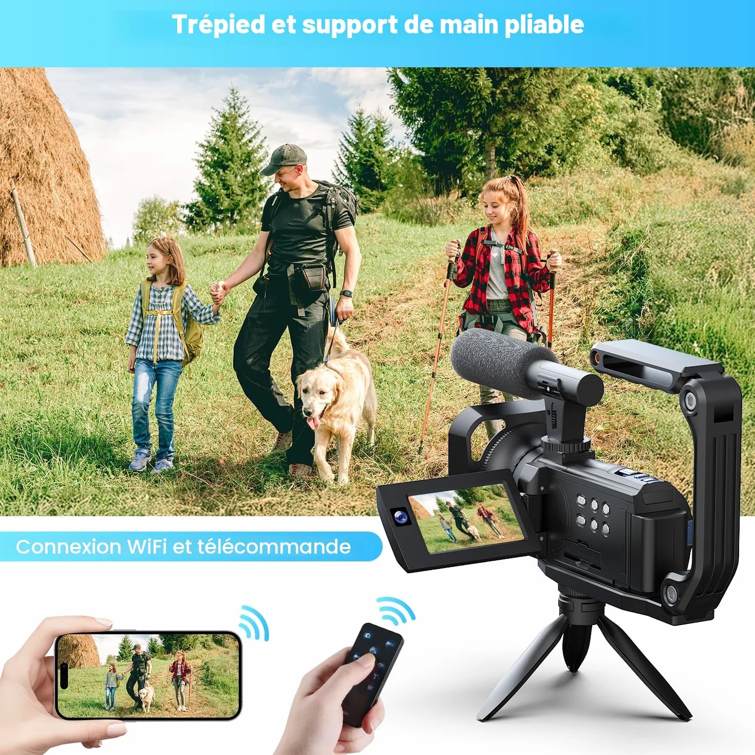 Caméra vidéo 5K 56MP Caméscope Double Objectif, WiFi 16X Youtube Vlog Caméra, 3" Rotatif à 270° Vision Nocturne Video Camera avec 2 Piles,Carte 64 Go,Microphone,trépied