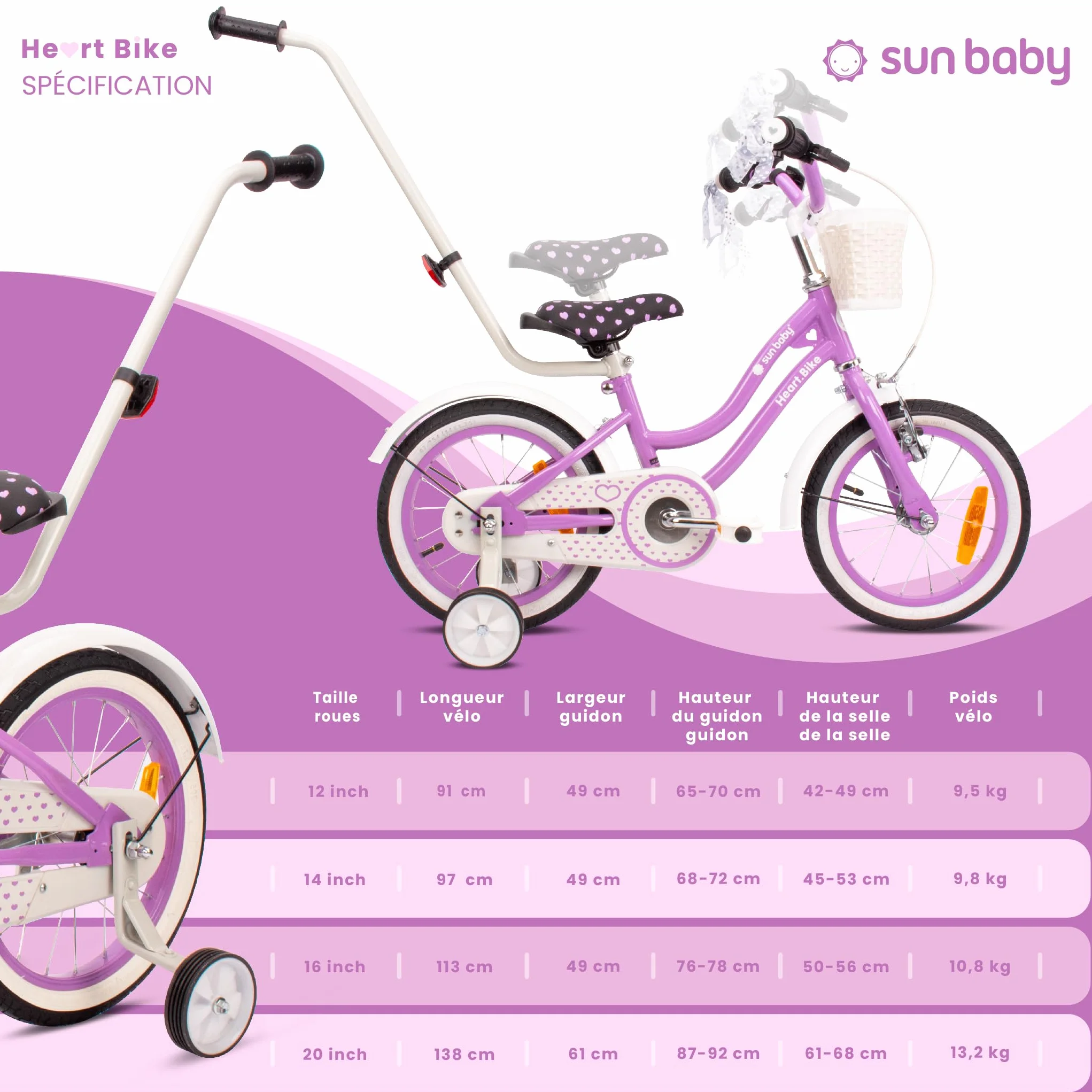 Vélo Enfant Fille 12/14/16 Pouces Sun Baby Heart avec Roulettes Stabilisatrices et Barre de Poussée