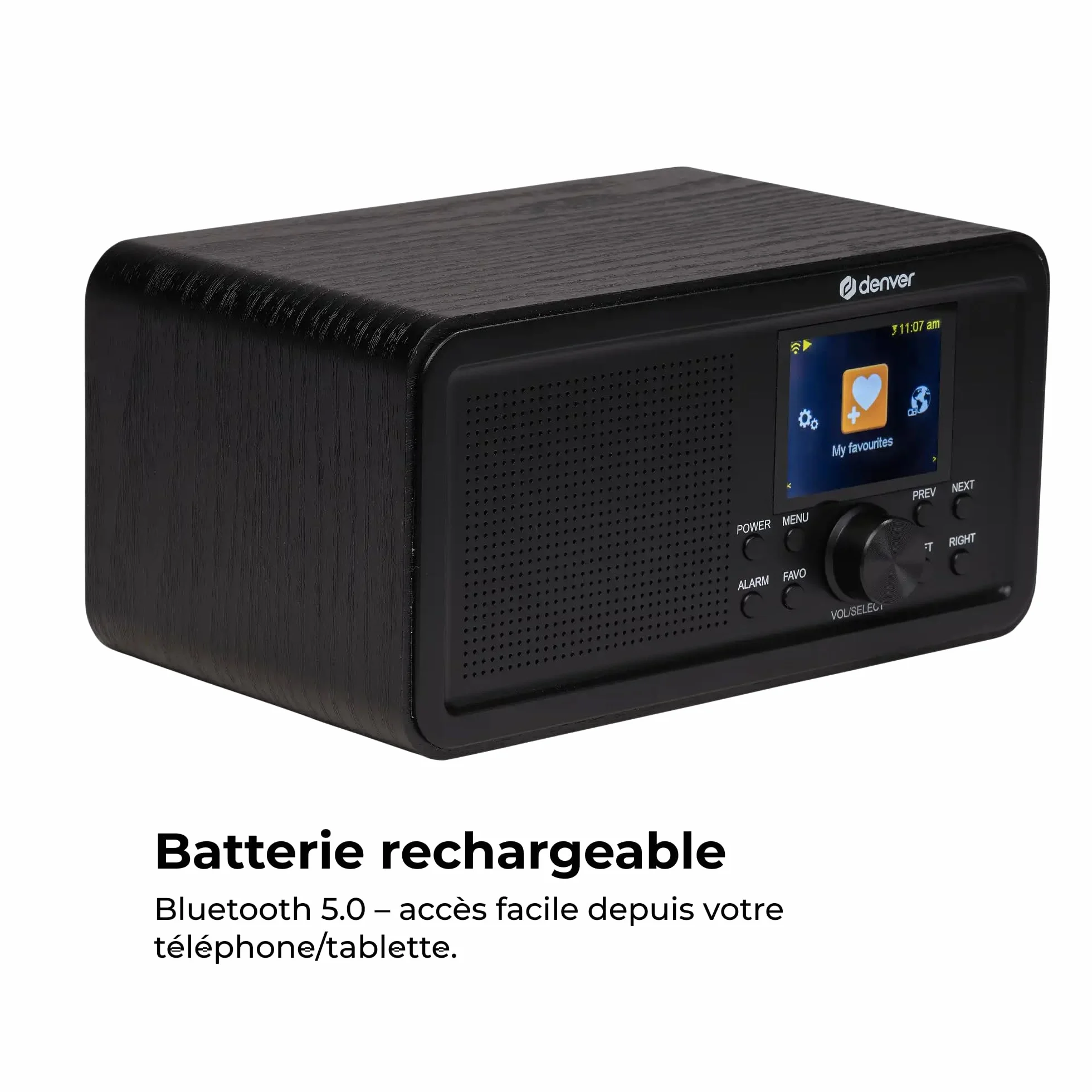 Denver DIR-200 Radio Internet Dab+/FM Wi-FI Bluetooth 5.0, écran 2,4 Pouces, AUX, Piles AA ou USB-C, Noir