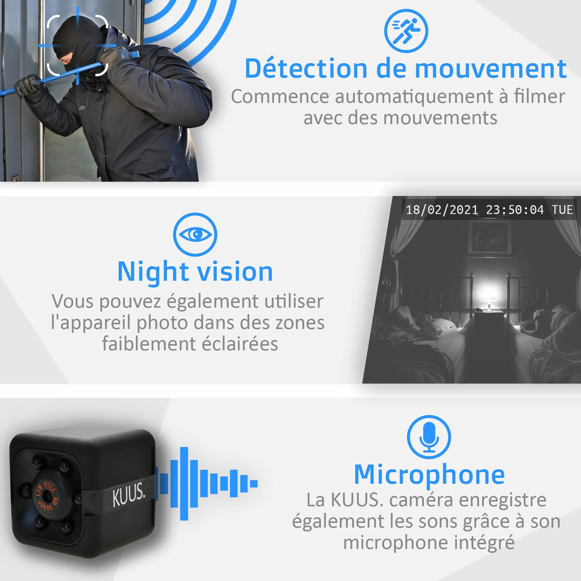 KUUS C1 Plus Petite Mini Caméra Espion d'europe 2,3cm Caméra Cachée sans WiFi Full HD 1080P, Micro Espion Discrète, Camera Surveillance sans Internet, SD 32 Go Class 10 U3 ISO 10000+ Vendus Pack
