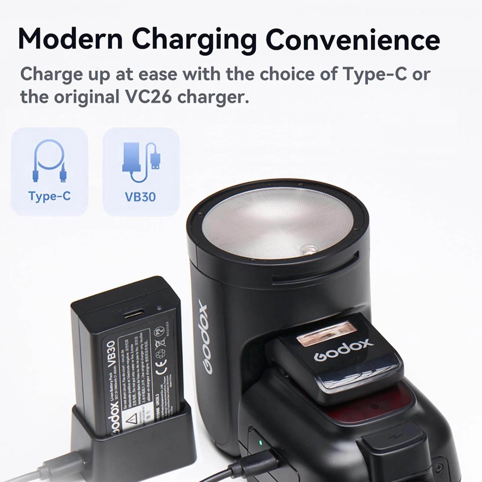 GODOX VB30 Lithium au Batterie, 21.45Wh DC7.2V 2980mAh Batterie de Remplacement, Convient au Godox V1Pro V100 V1 V860III V850III AD100Pro Flash, Supporte Charge Type-C