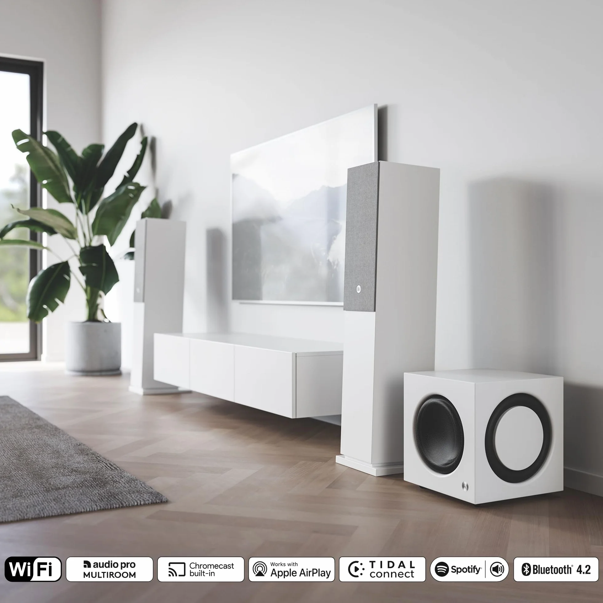 Audio Pro - Enceintes TV A48 - Streaming et Multiroom, 2 Amplificateurs 130W pour Home Entertainment - HDMI Arc, WiFi, Bluetooth, Airplay 2, Chromecast - Blanc