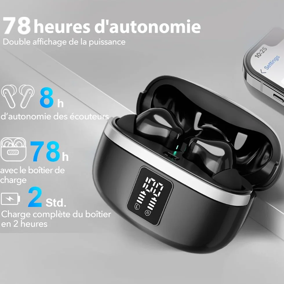 Ecouteurs Bluetooth sans Fil, Écouteurs sans Fil Bluetooth 5.3, 4 Micro ENC Anti Bruit, Basses Puissantes, 60H de Lecture, étanchéité IPX7, Oreillette pour iphone Android (Noir Profond)