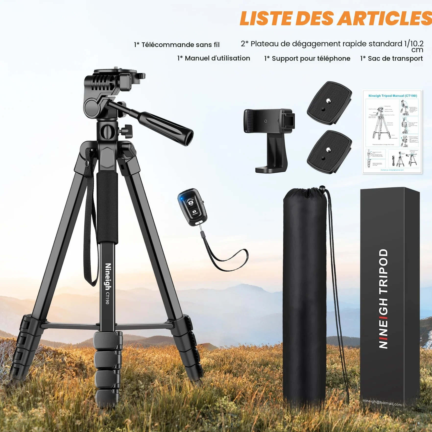 Nineigh Trepied Appareil Photo,190cm Trepied Smartphone avec Bras Télescopique Horizontal, Aluminium Trépied Caméra avec Télécommande pour iPhone, Samsung, Huawei,Caméra légère