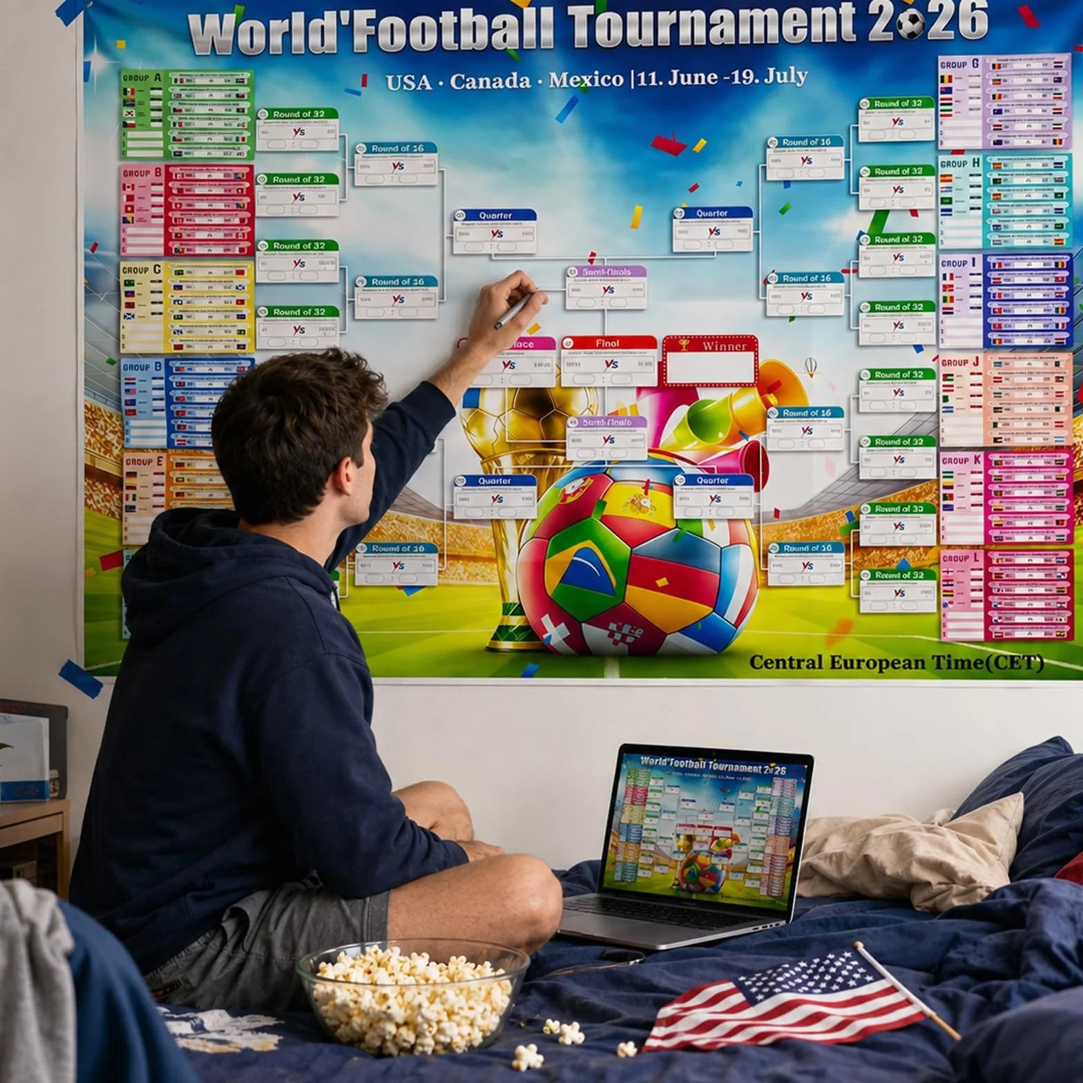 Affiche du Calendrier de la Coupe du Monde de Football 2026, 150 x 100cm, 48 Pays