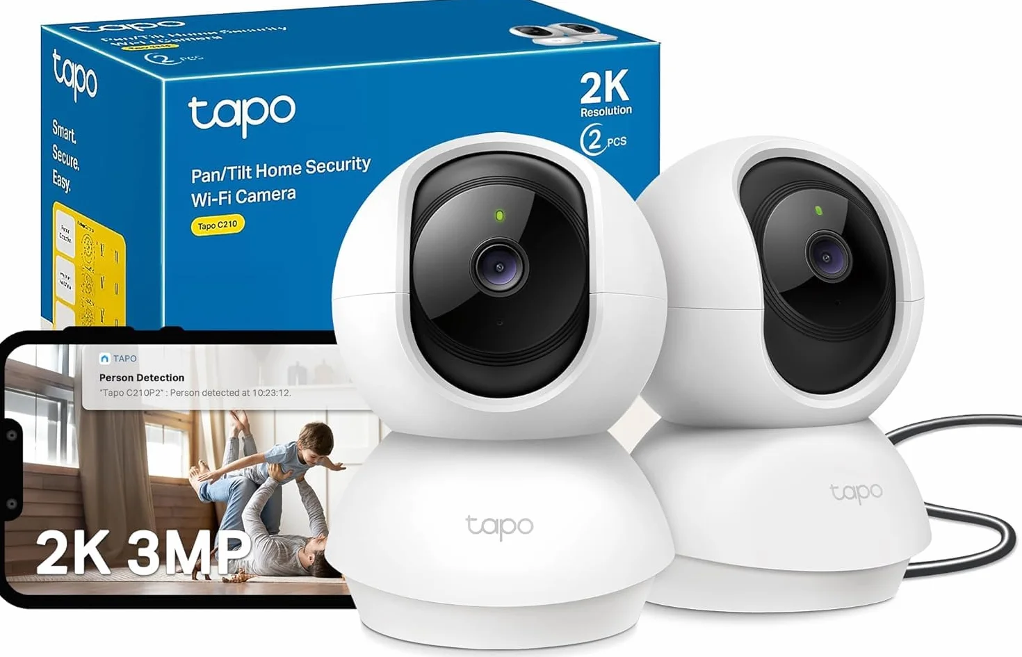 Tapo C210 2 Pack Caméra WiFi Intérieure 2K QHD 3MP, Rotation 360°, Détection de Personne, Vision Nocturne, Audio Bidirectionnel