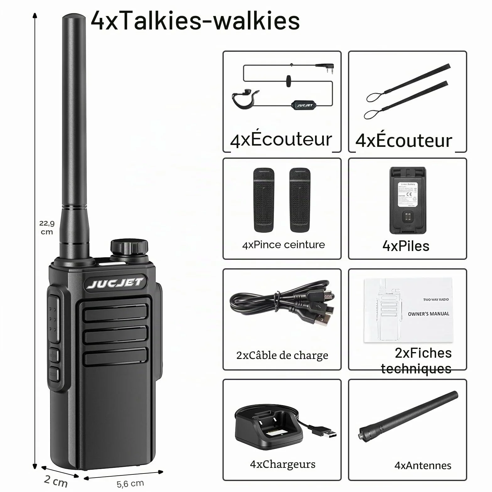 EP31 Talkie Walkie, PMR446 Radio Portable Rechargeable, 16 Canaux, Alarme Clignotante, IP54 Résistant à l'eauTalkie walkie. avec des écouteurs Originaux et Station de Charge USB (4 pièces)