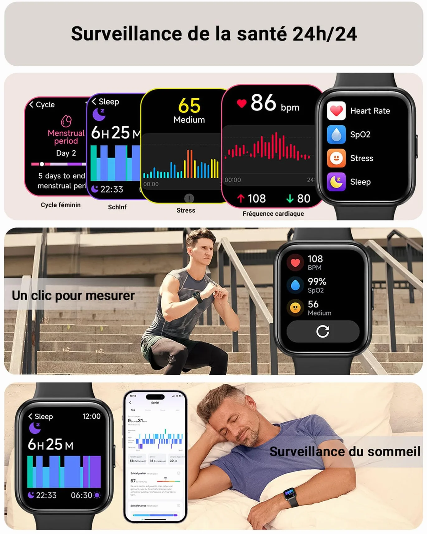 Montre Connectée Homme, 1,85" Femme Smartwatch pour Samsung iPhone Android, Alexa intégrée 3ATM 100+ Modes Sportifs Moniteur de SpO2/Sommeil/Fréquence Cardiaque/Podometre/Calories Noir