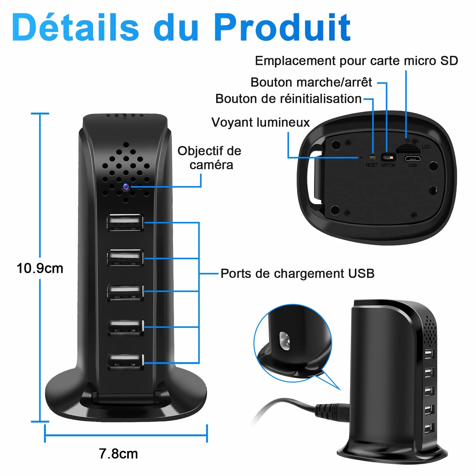 Caméra Espion WiFi 2.4 & 5G, Chargeur USB à 5 Ports avec Mini Caméra Espion Cachée, HD 1080P Micro Camera Cachée WiFi Supportant la Détection de Mouvement et l'enregistrement en Boucle