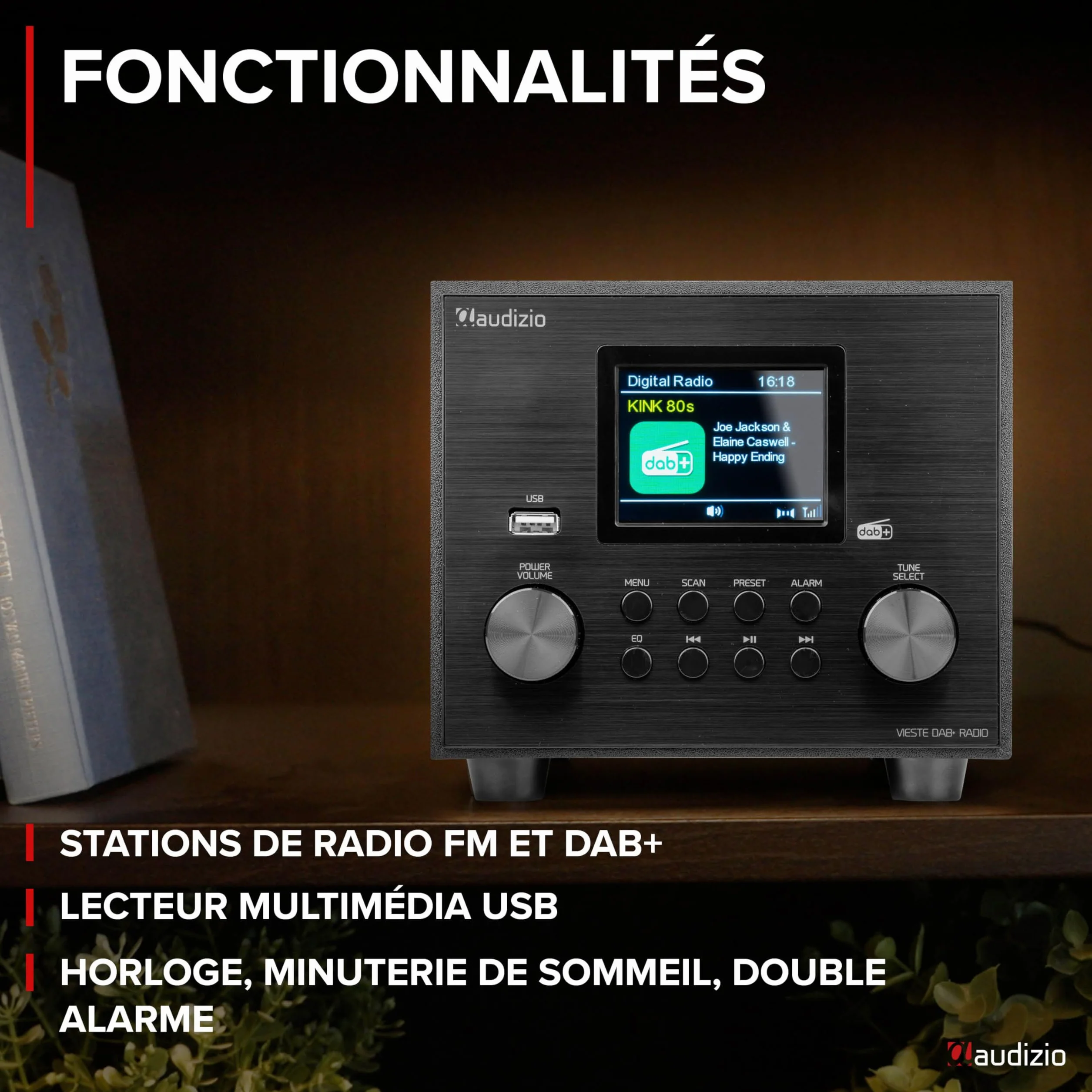 Audizio Vieste Radio Dab+ FM Bluetooth 5.0 - Noire, Subwoofer Intégré, Écran Couleur 2,8", Port USB, Sortie Casque, Télécommande Incluse, Idéale pour Écouter la Radio à la Maison