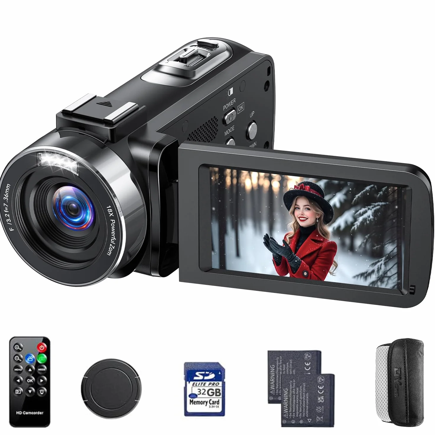 Caméscope 4K 42MP avec Zoom 18x Écran Rotatif 3 Pouces 270° Lumière LED Fonction Webcam 2 Batteries Carte SD 32GB Télécommande