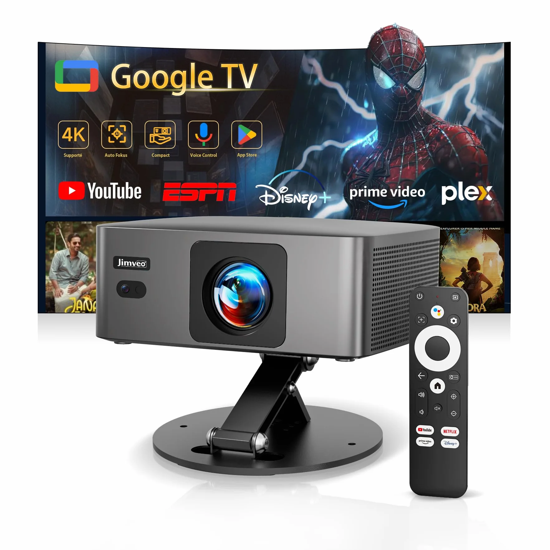 Jimveo Videoprojecteur 4K Mini Ultra Courte 1080P 1600 Lumens AutoFocus Keystone WiFi6 Bluetooth5.4