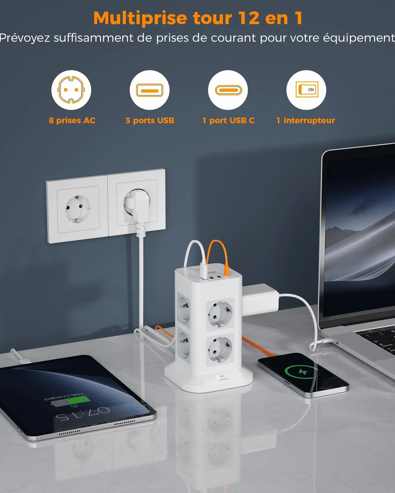 TESSAN Tour Multiprise 8 Sorties AC avec 4 USB (3A1C), Multiprise avec Interrupteur Rallonge Electrique 2m, Prise Multiple 3600W Parafoudre et Surtension, Convient pour Maison, Bureau, Gris