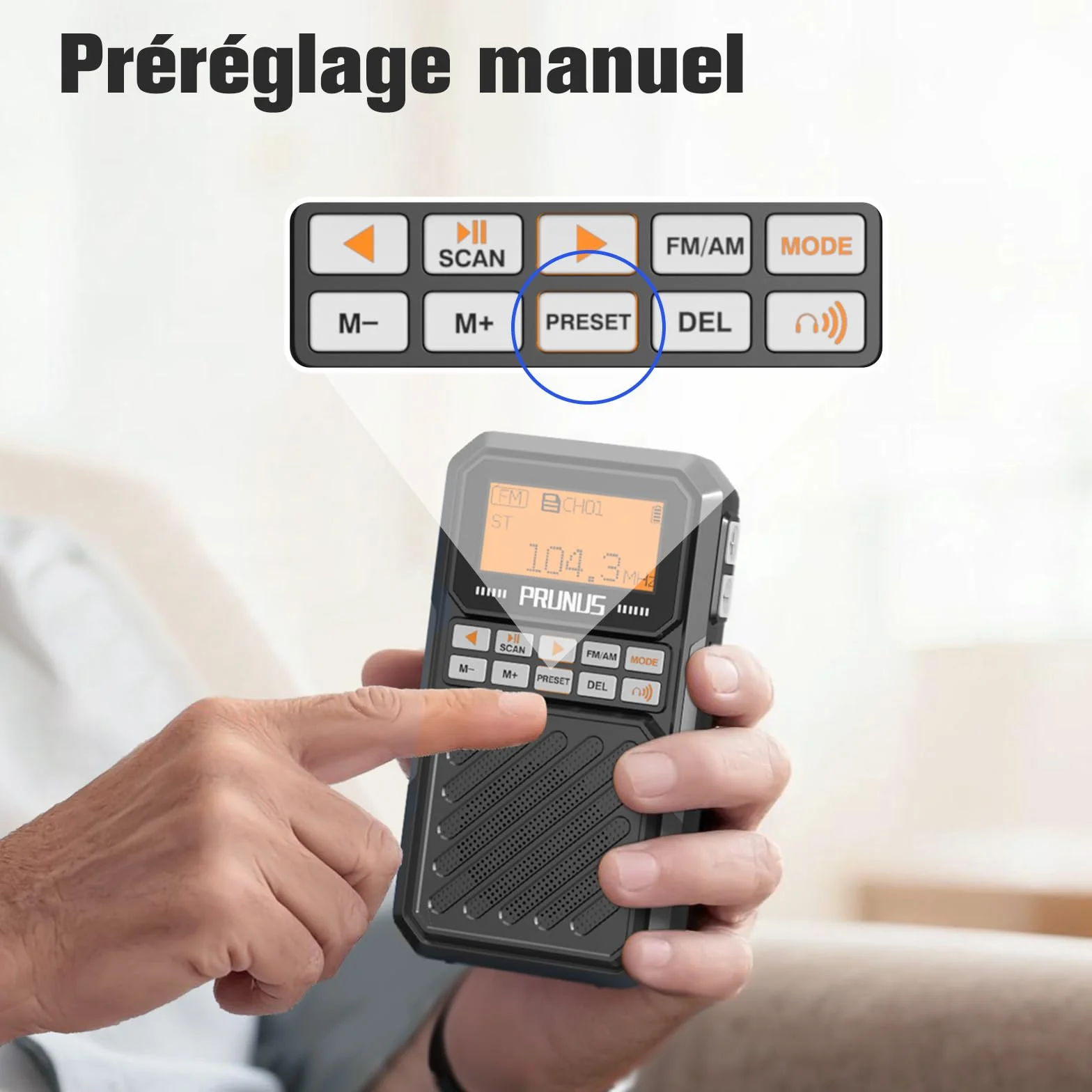 PRUNUS J-525 AM/FM Petite Radio Portable Bluetooth avec Batterie 2500 mAh, Minuterie Sommeil, MP3/TF