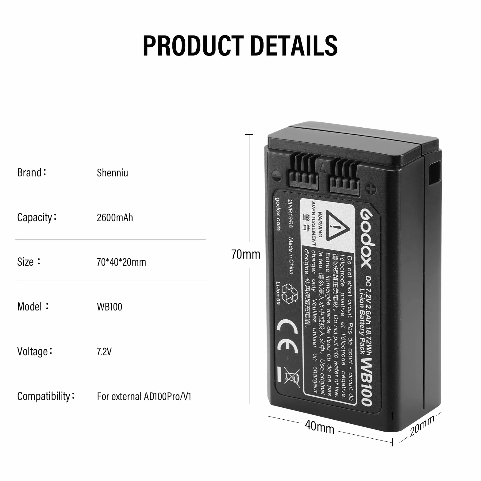 Godox WB100 Batterie AD100PRO Battery WB100 7,2 V/2600 mAh pour Flash Annulaire Godox V1C V1N V1S V1F V1O V1P,Flash AD100PRO ((2024) WB100)