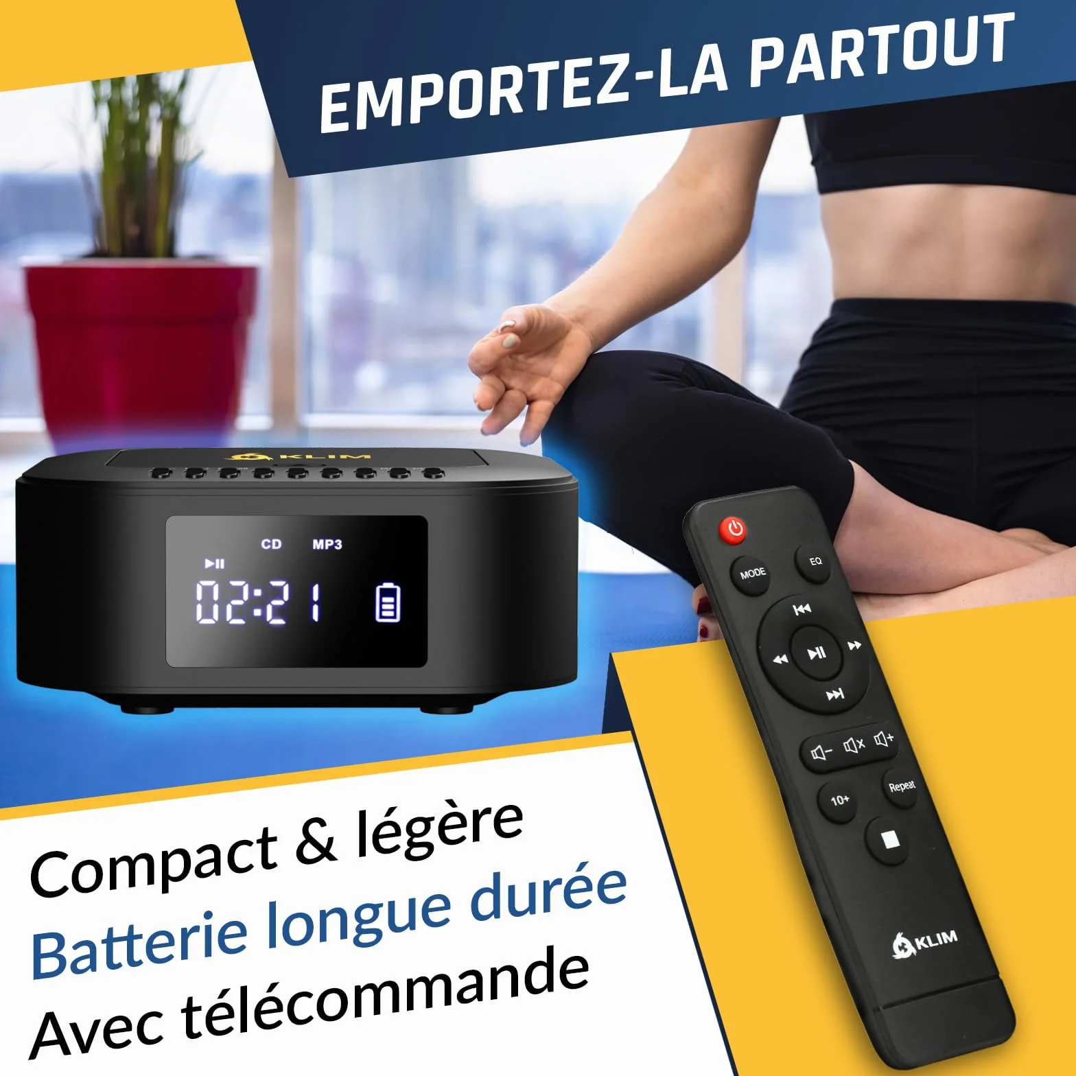 KLIM Boombox E1 - Poste Radio CD Portable - Extra Bass avec Subwoofer - Radio FM, CD, Bluetooth, USB, Bluetooth, MP3 - Mode Filaire et sans Fil avec Piles Rechargeables - Télécommande - Noir/Or