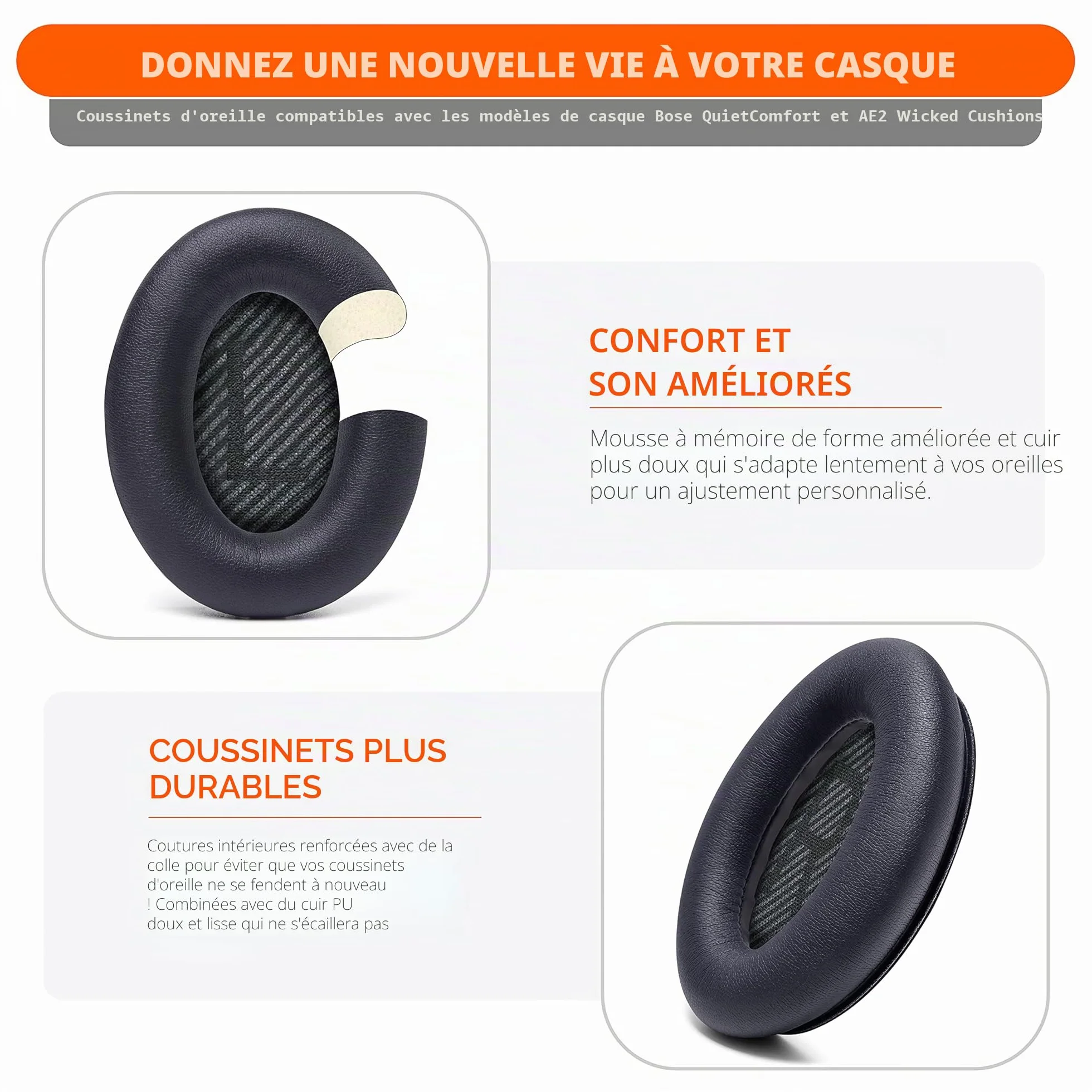 Bose QC35 QC35ii Coussinets Oreillette Cuir Souple Mousse Mémoire de Forme Noir Wicked Cushions