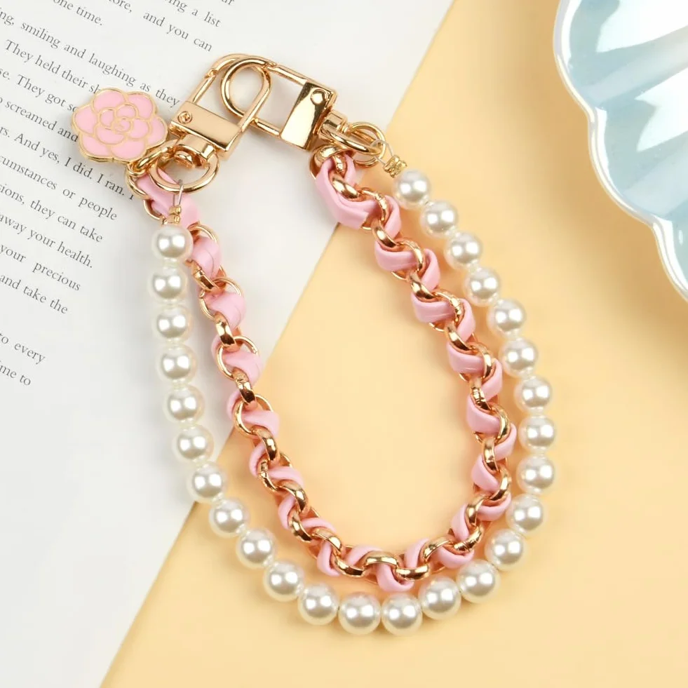 OFFCUP Dragonne de Téléphone, Perle Chaîne Téléphone Portable Charme, Anti-Perte Longe en Cuir Métallique avec Fleur, Bracelet Telephone 2 Patchs Arrière