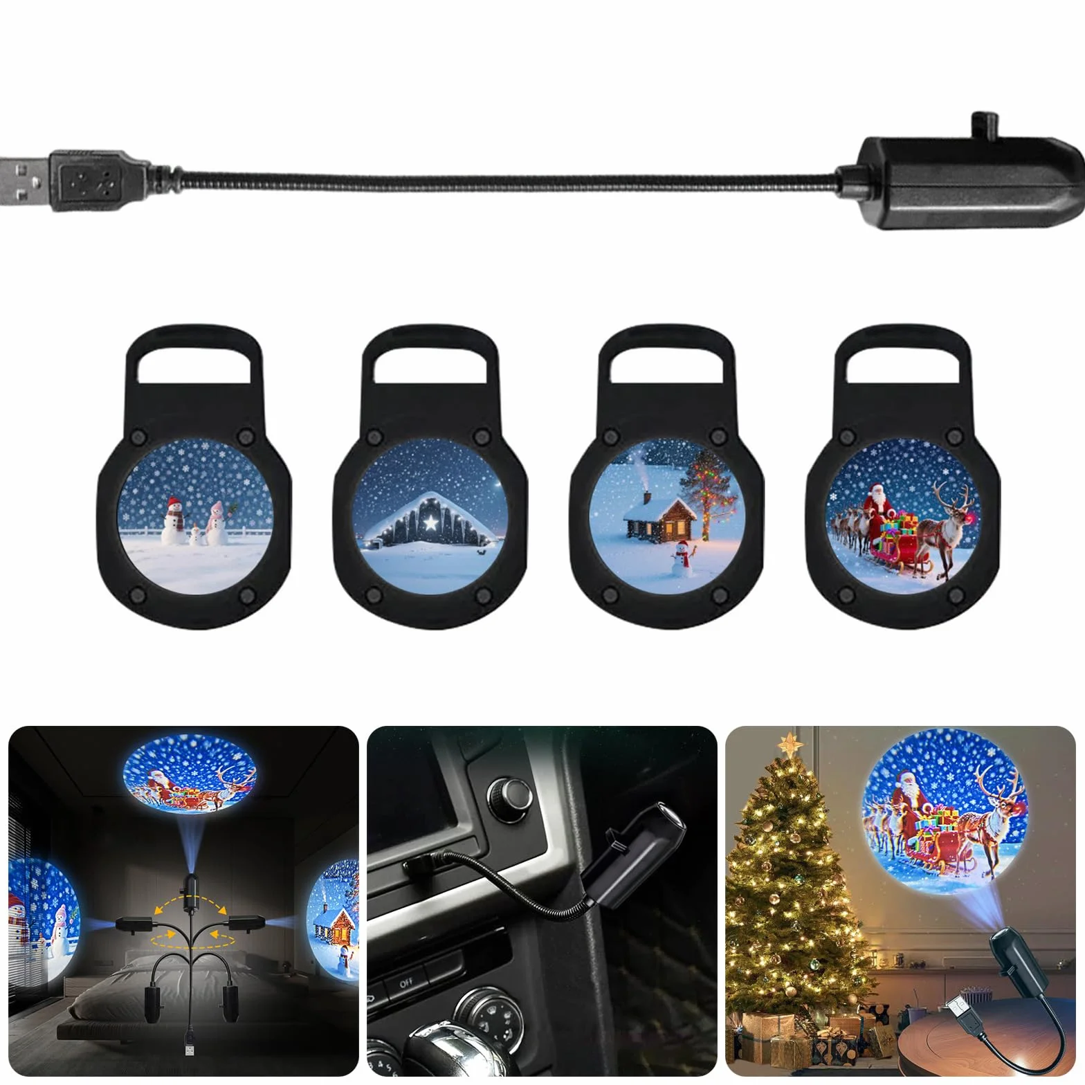 Projecteur de décoration de Noël alimenté par USB avec 4 diapositives à thème angles réglables pour la maison ou les fêtes