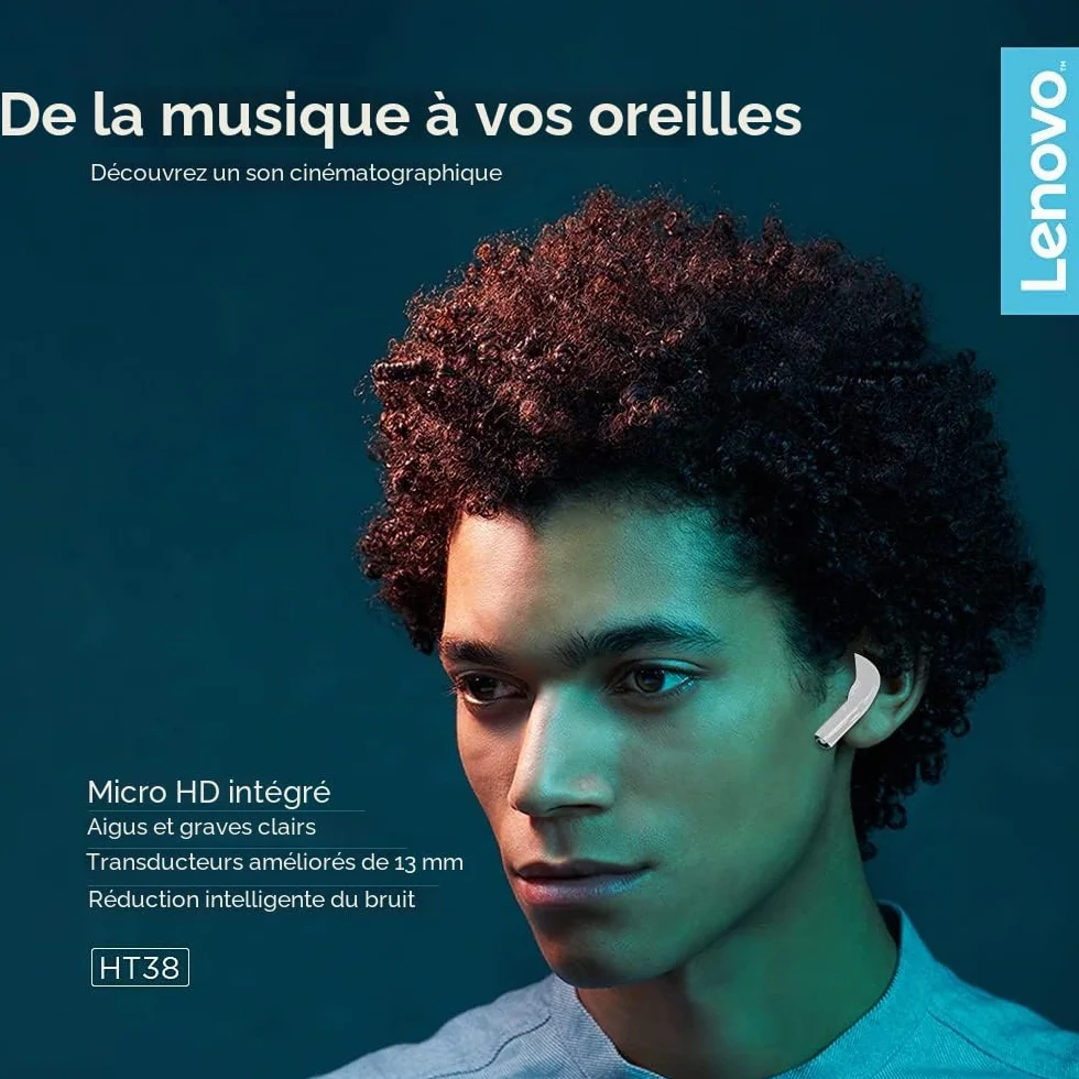 Lenovo – écouteurs sans Fil Bluetooth LivePods HT38 TWS, Mini Casque d'écoute, Commande Tactile 9D Stéréo, avec Micro, 30h d'autonomie