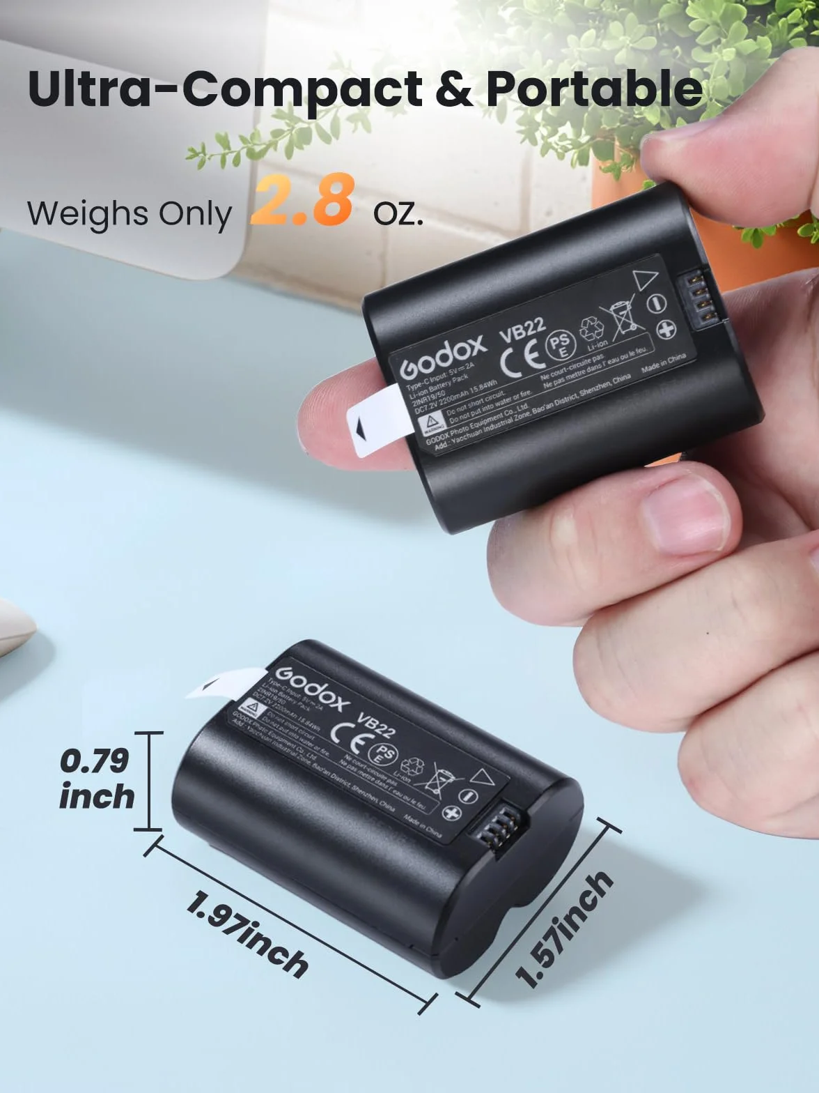 GODOX VB22 Batterie au Lithium pour Godox V480 V1MID V350 Flash, par Exemple V480S V480C V480N V480F V1Mid-N V1Mid-S V1Mid-C V1Mid-F V1Mid-O, 7,2V 2200mAh Batterie Rechargeable, Recharge Via USB-C