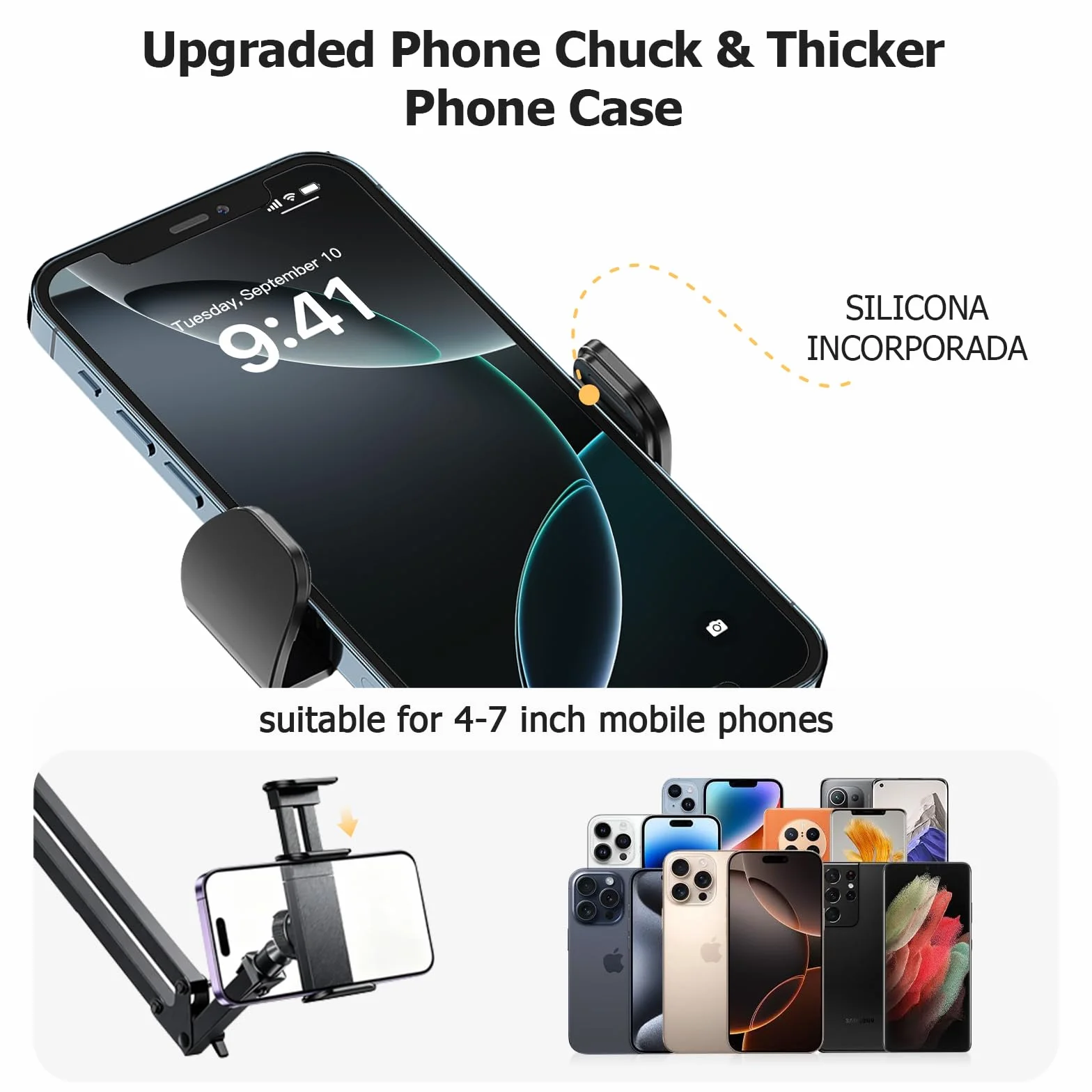 Support Telephone Lit, Support de Téléphone Portable avec Bras Articulé et Clip de Câble Porte de Téléphone Portable Flexible Bureau Bras Articulé Flexible pour Smartphone de 4 à 7 Pouce