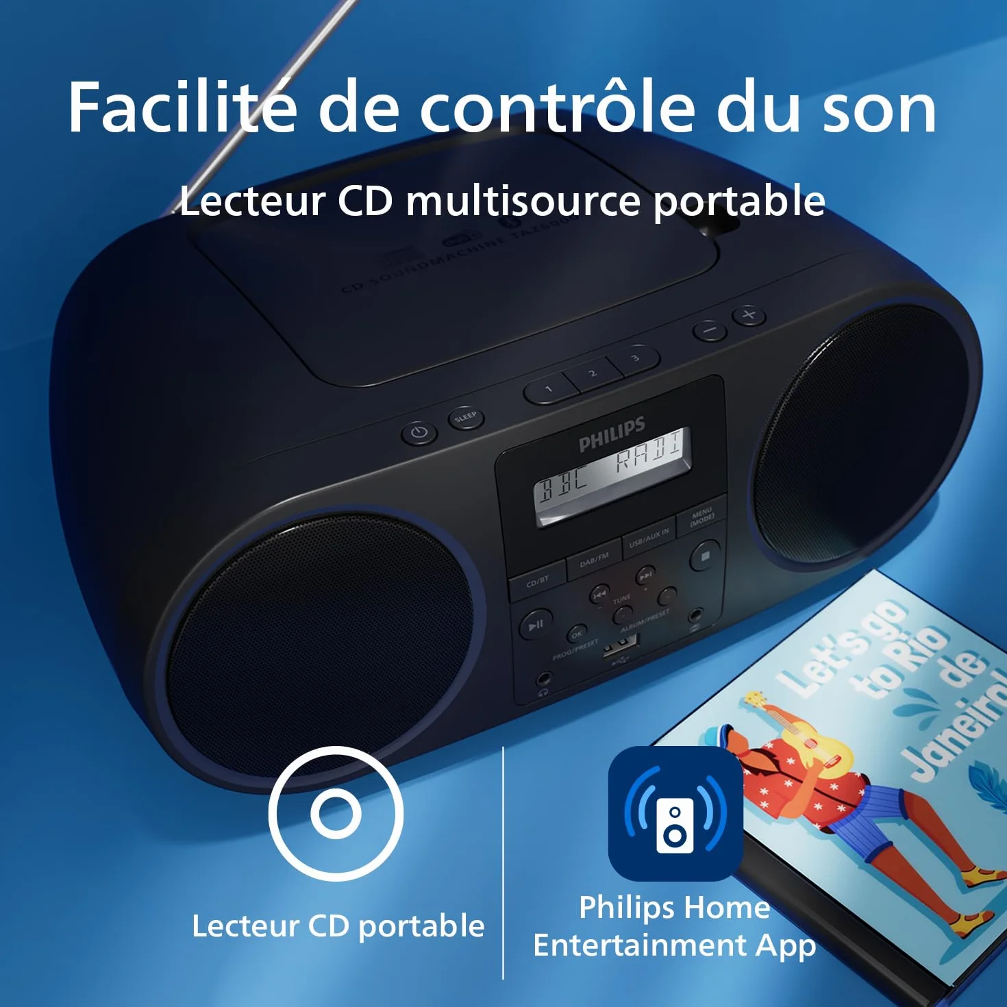 Philips TAZ6000 Lecteur CD/Radio FM Tout-en-Un DAB+ Bluetooth 5.4 USB Batterie CA Amplification Dynamique des Basses