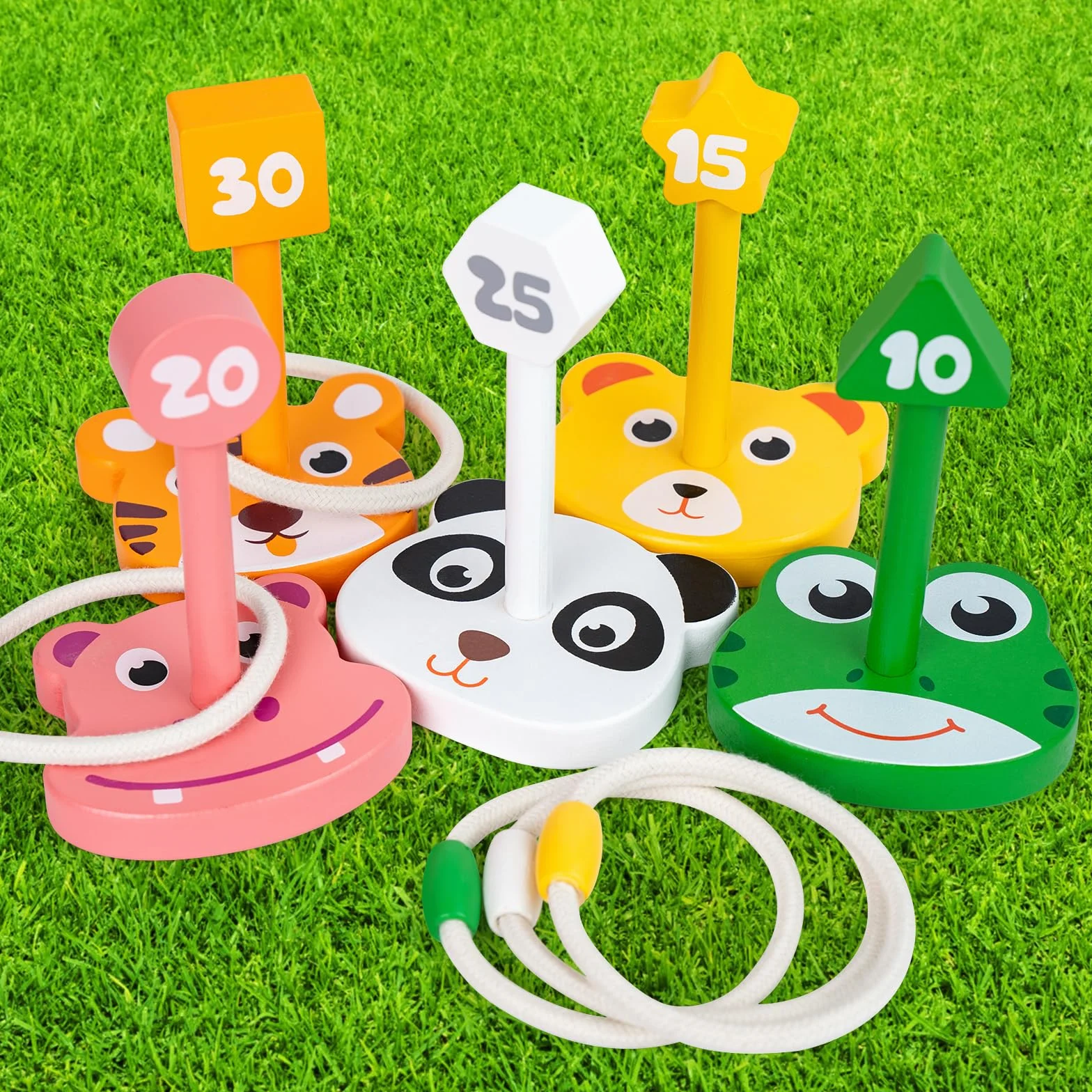 Jeu de Lancer d'Anneaux en Bois pour Enfants, Jeu d'Extérieur avec 5 Baguettes et 5 Anneaux