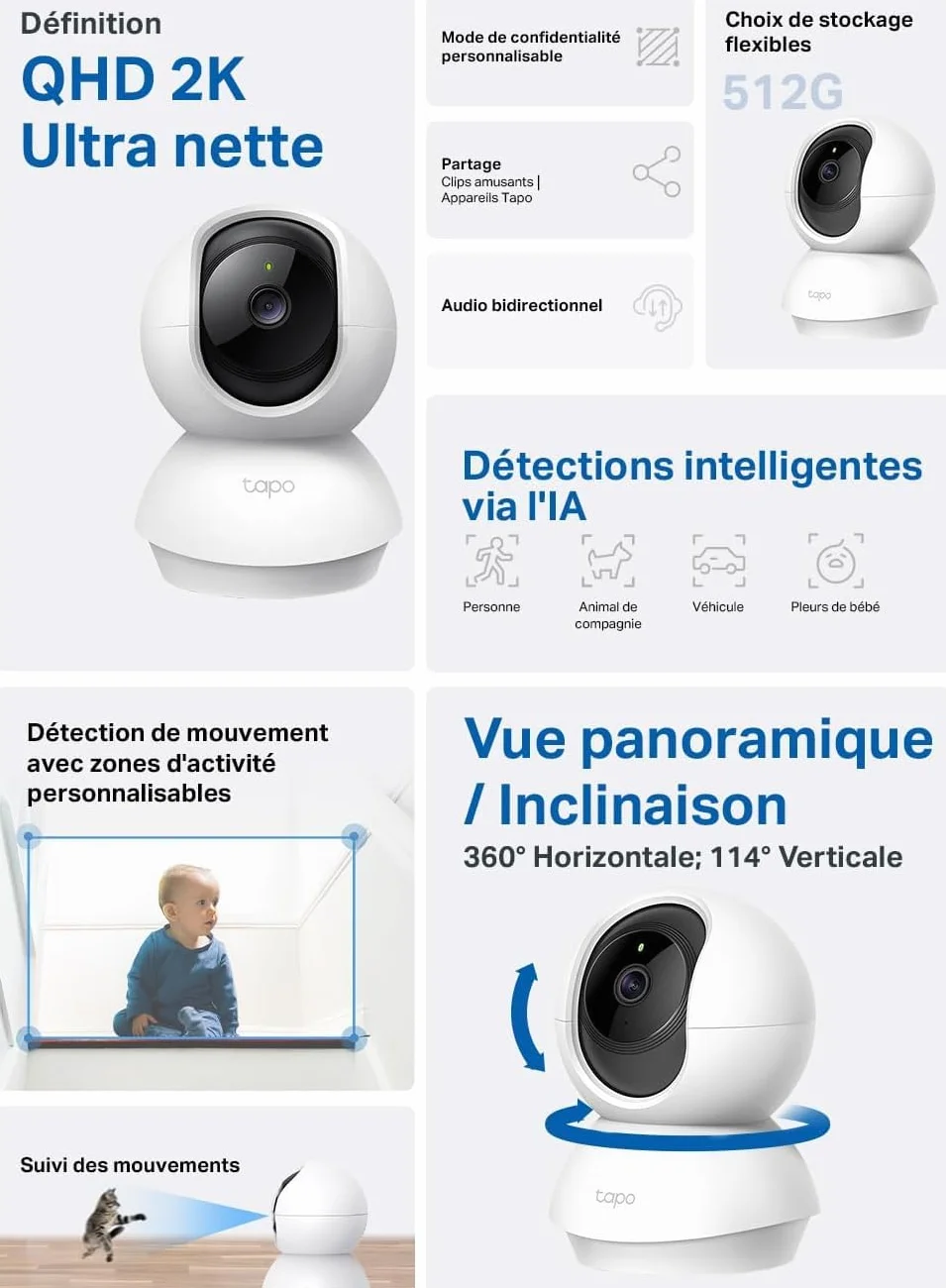 Tapo C210 2 Pack Caméra WiFi Intérieure 2K QHD 3MP, Rotation 360°, Détection de Personne, Vision Nocturne, Audio Bidirectionnel