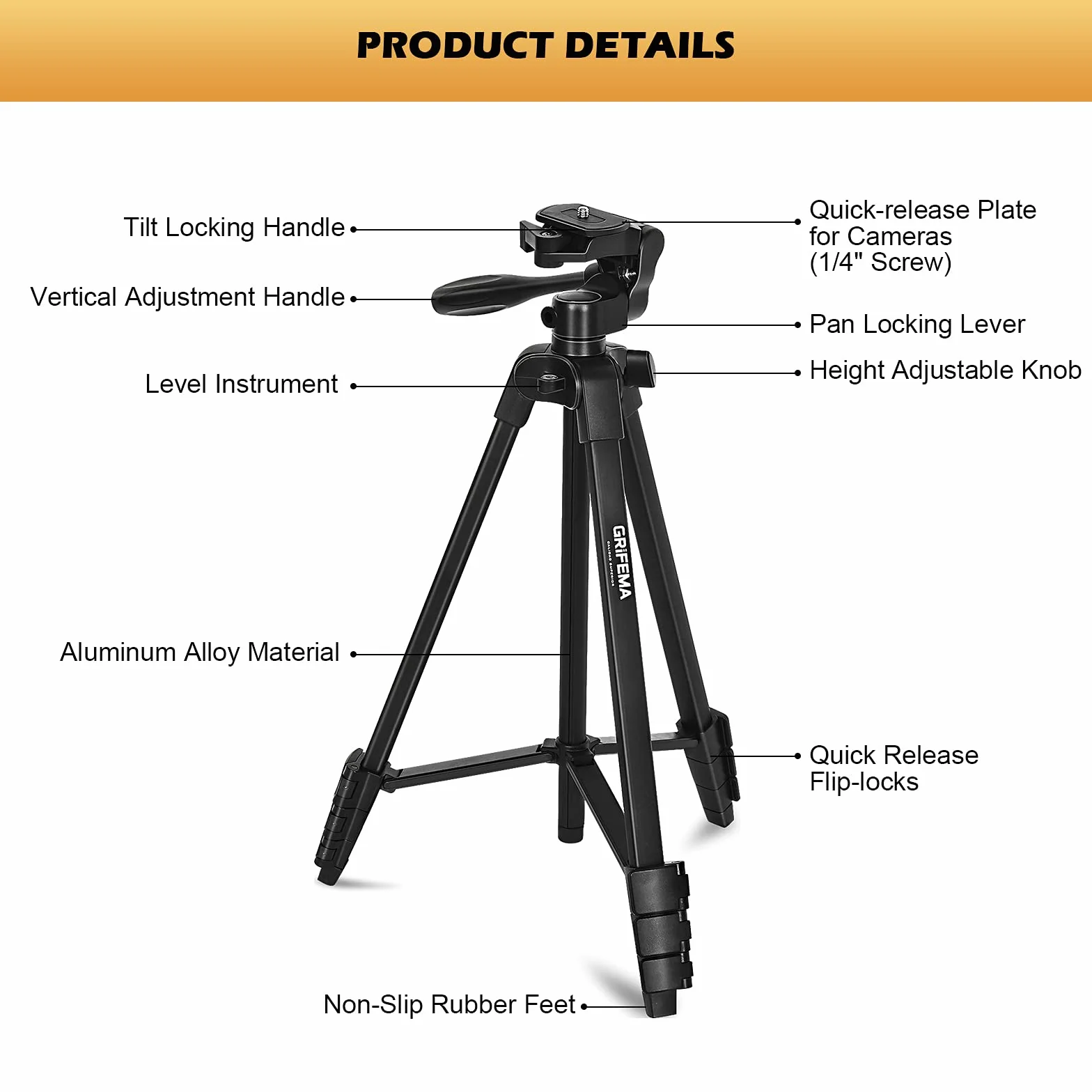 GRIFEMA Trepied Smartphone Pied Appareil Photo Pliable, 55”/140cm Alluminio Trepied Telephone avec Télécommande bluetooth et Support de fixation, Compatible avec iPhone/Android/Appareil Photo, GB1001