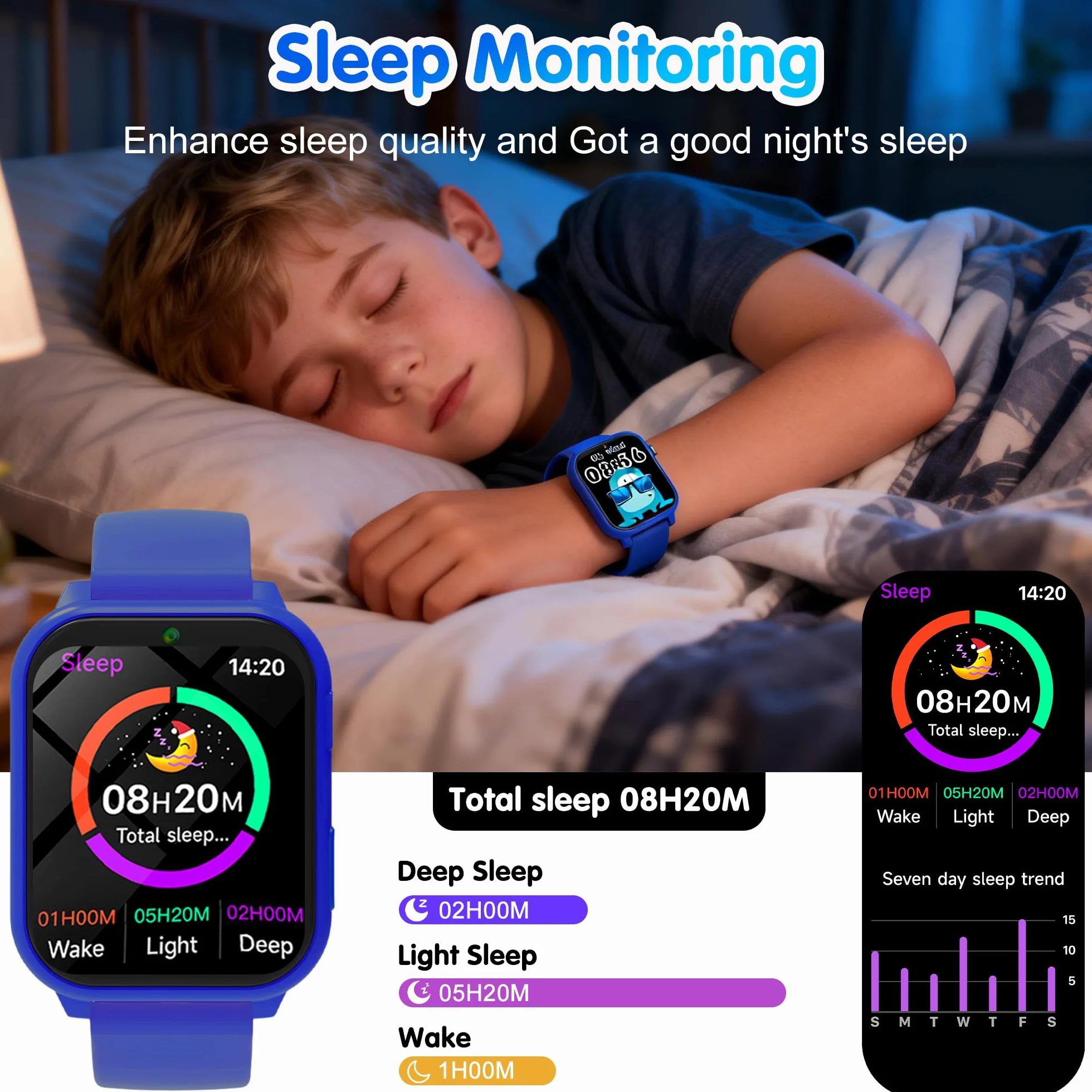 Montre Connectée Enfant, 1.83" Montre Intelligente Enfants avec Podomètre, Sommeil, 18 Jeux, Caméra, Réveil, Torche, Étanche Trackers d'Activité Cadeaux de Noël et d'Anniversair pour Garçons Filles