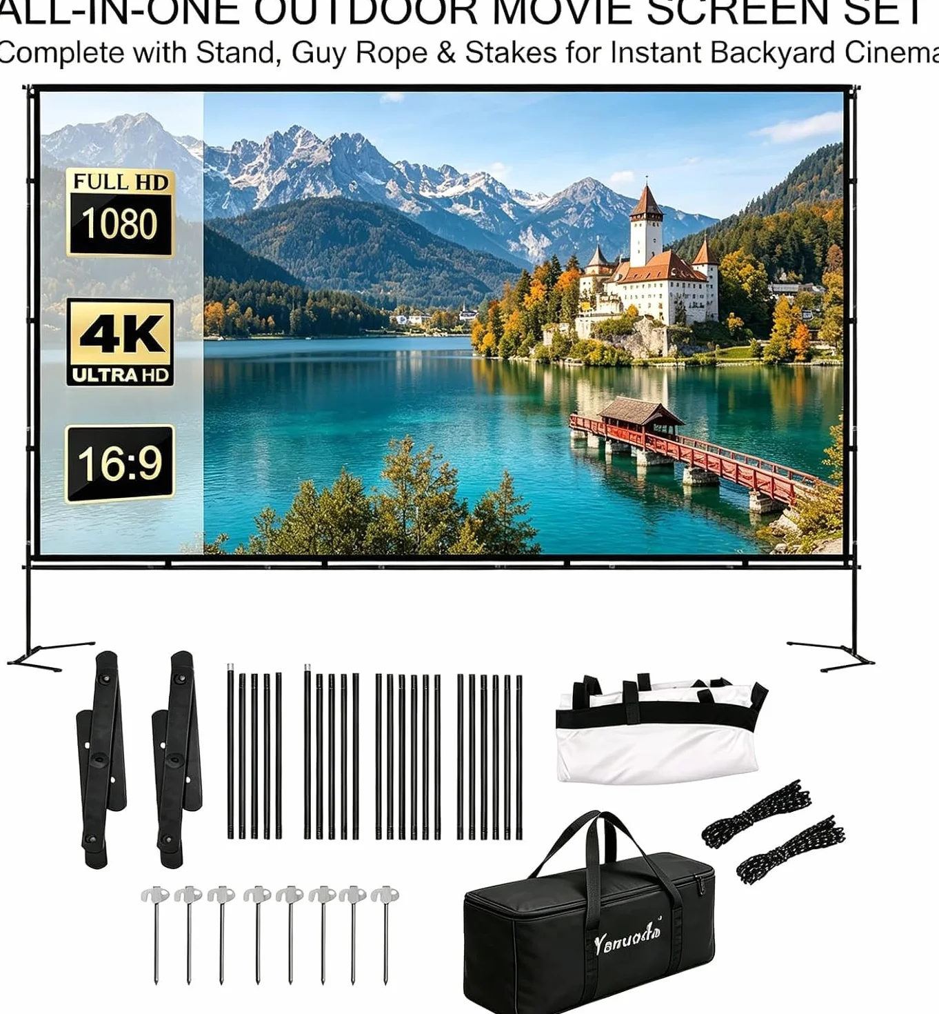 Écran de Projection 120" 4K HD 16:9 Anti-Pli avec Support Renforcé pour Home Cinéma Intérieur Extérieur