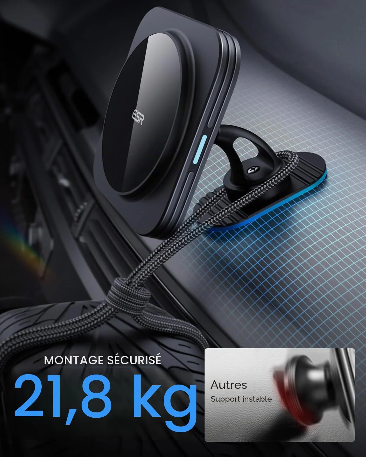 ESR 15W Support Telephone Voiture Magsafe, Chargeur Magsafe Voiture, Support Telephone Magnétique Chargeur sans Fil pour iPhone Air/17/17e/16/15/14/13/12, Galaxy S26/S25 Series, Charge Rapide, Noir