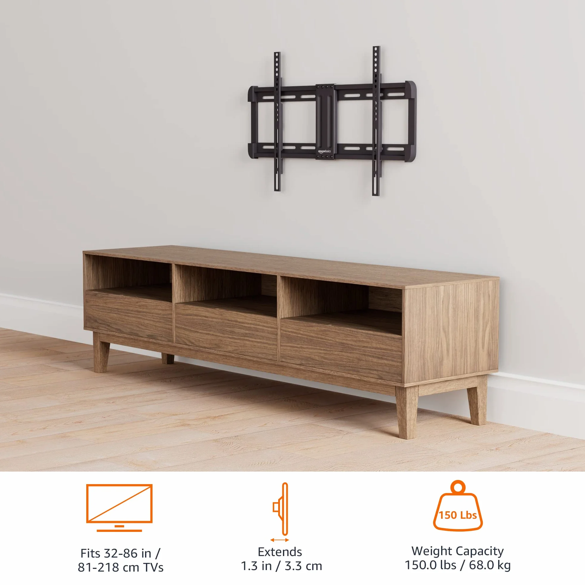 Amazon Basics Support mural fin pour télévision - Position horizontale ajustable après installation, 1 pièces, Pour (32 à 86 pouces), 81.2 à 218 cm, Noir