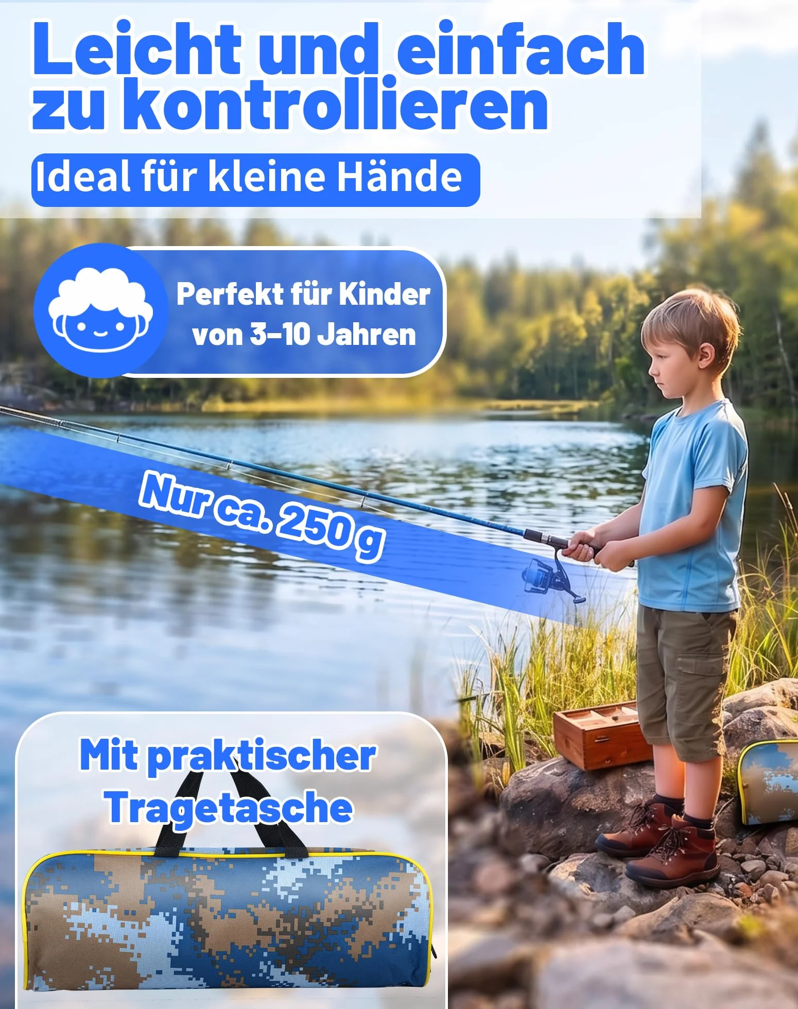 Set de Pêche Enfant 1,8 m – Canne à Pêche Télescopique avec Moulinet, Kit Complet pour Débutants, Sac de Transport Inclus
