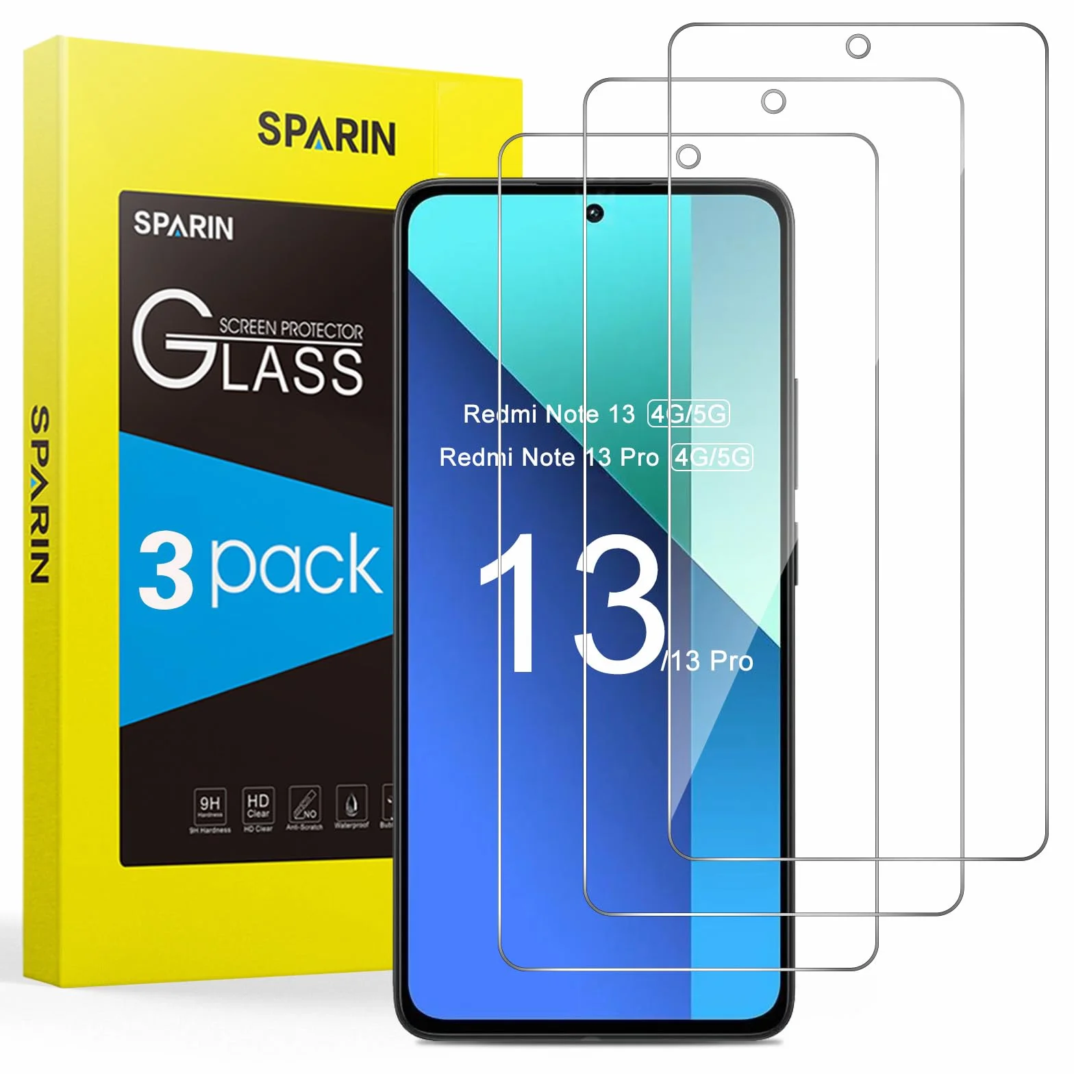 SPARIN Verre Trempé Pour Xiaomi Redmi Note 13 et Note 13 Pro 4G/5G (PAS Pro+) 6,67 Pouces, 3 Pièces Protection écran sans Bulles, 2.5D Vitre Protecteur, HD