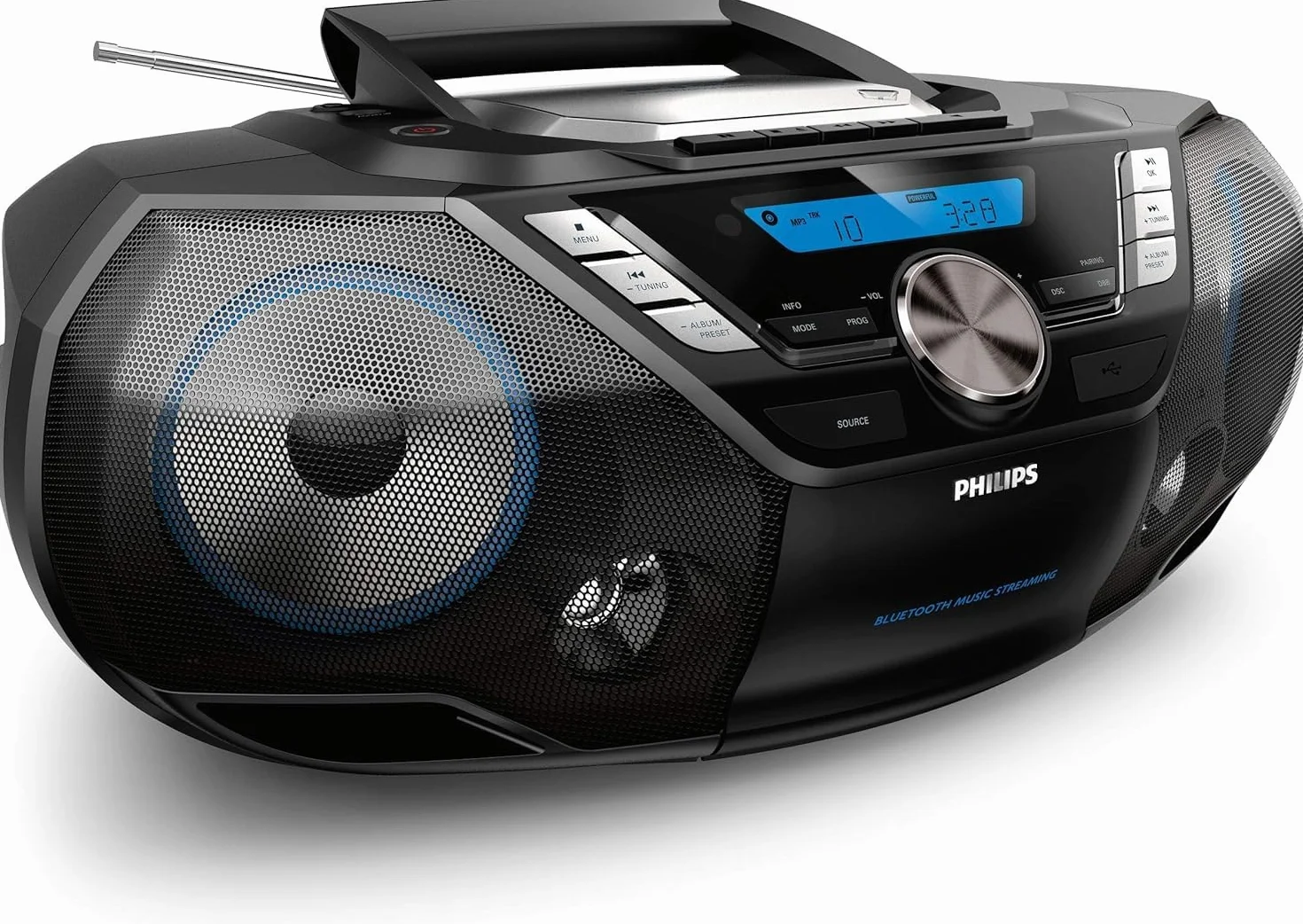 Philips AZB798T/12 CD Sound Machine, Lecteur CD et Cassettes Portable, Dab et FM, Bluetooth, CD, MP3-CD, USB Host, Dynamic Bass, Bass Reflex, télécommande, minuteur de Mise en Veille – Noir